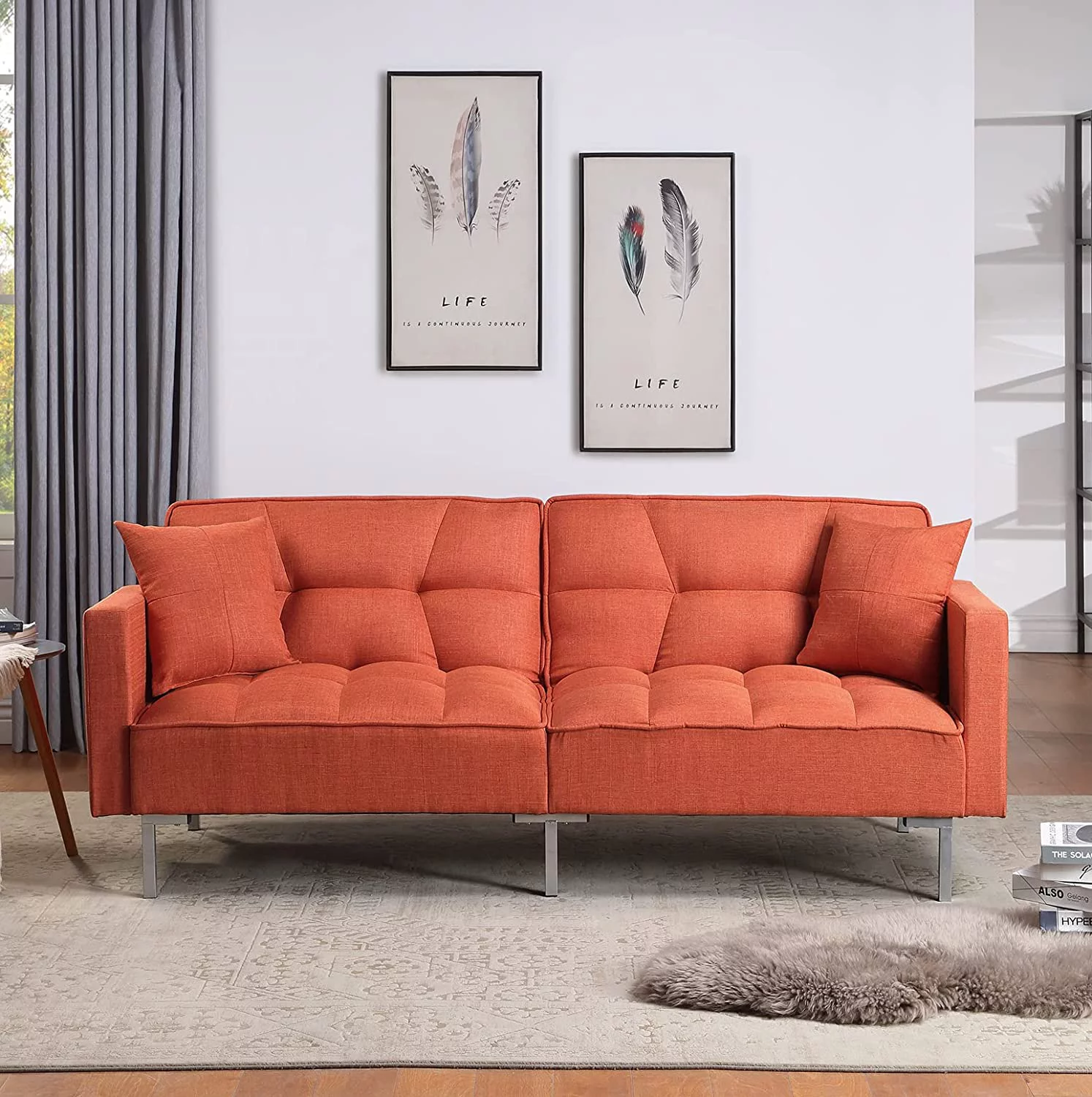 Convertible Futon Sofa Bed with Two Pillows, Modern Upholstered Sleeper Sofa Couch