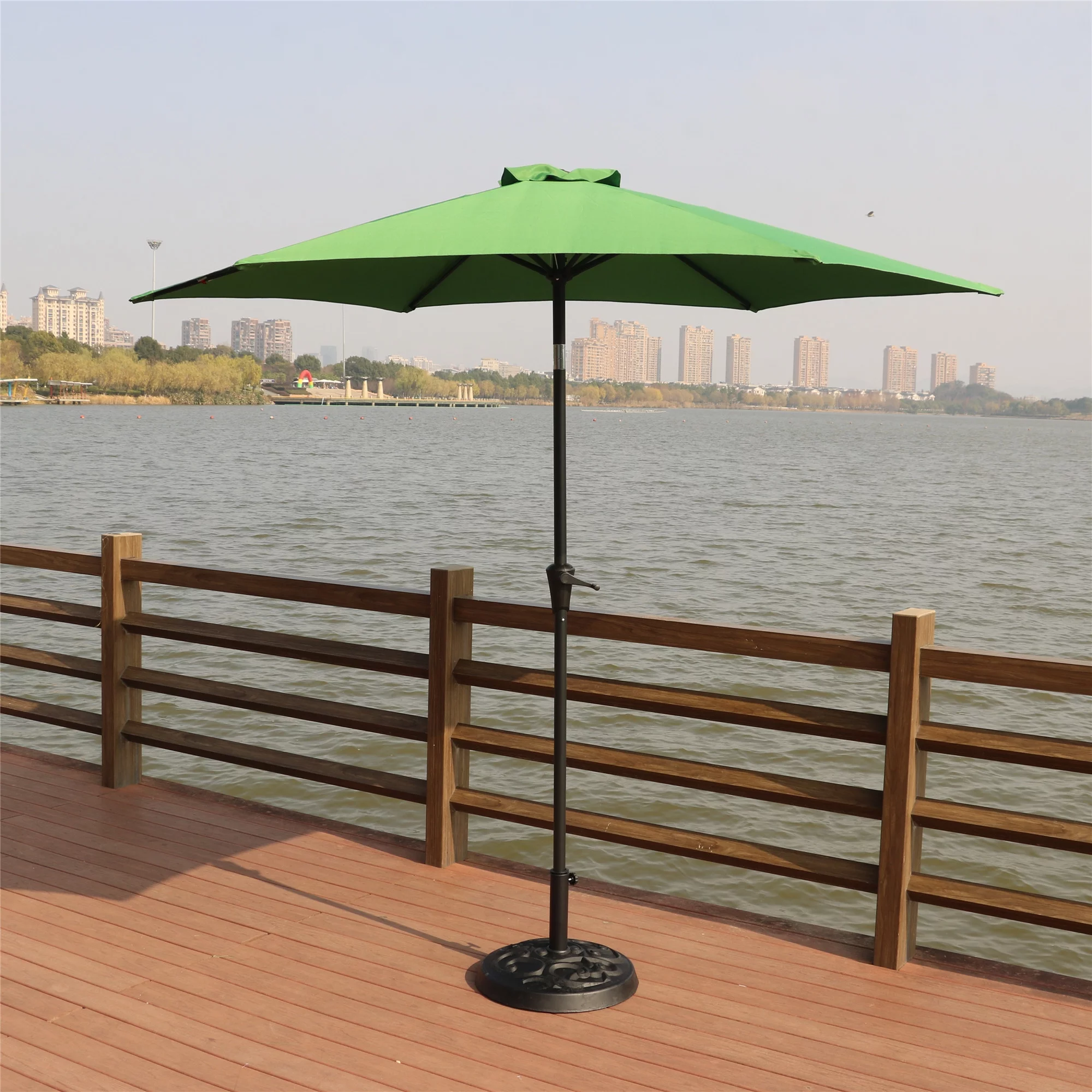 8.8 feet Outdoor Aluminum Patio Umbrella, Patio Umbrella, Market Umbrella with 33 pounds Round Resin Umbrella Base, Push Button Tilt and Crank lift, Green
