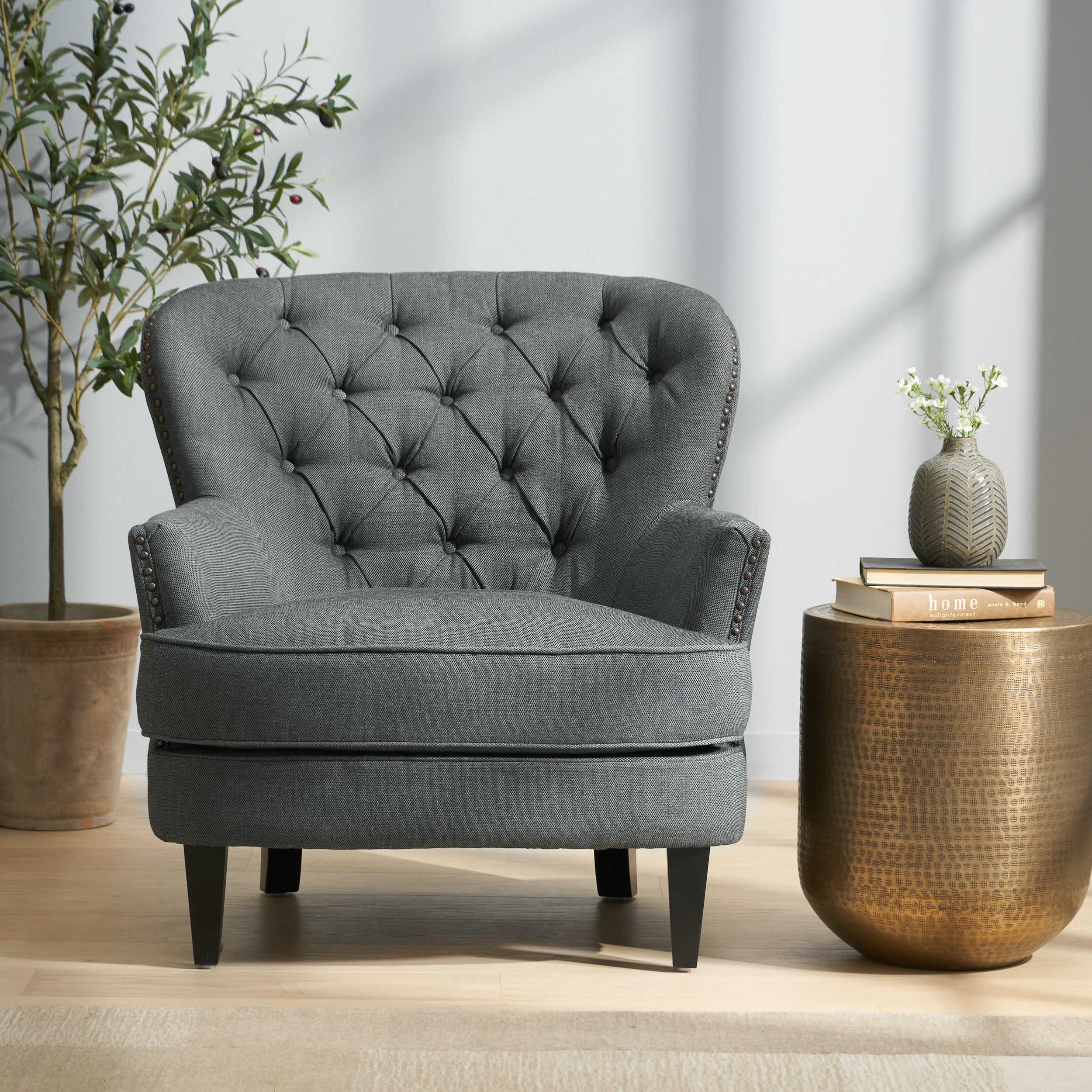 GDF Studio Ishtar Contemporary Tufted Club Chair with Nailhead Trim, Gray Fabric and Matte Black