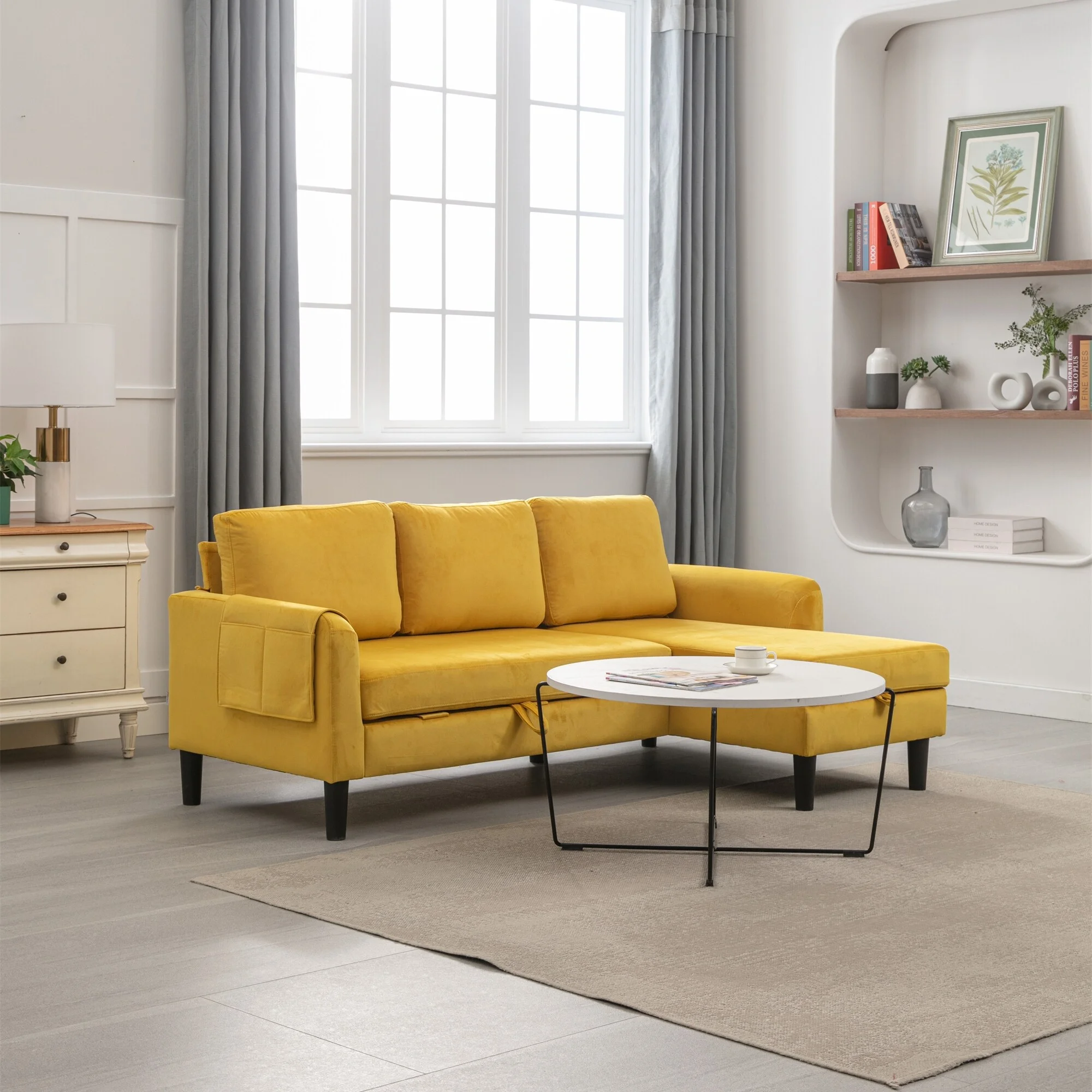 BESTCOSTY Sectional Sofa Bed with Storage Convertible Chaise Mustard