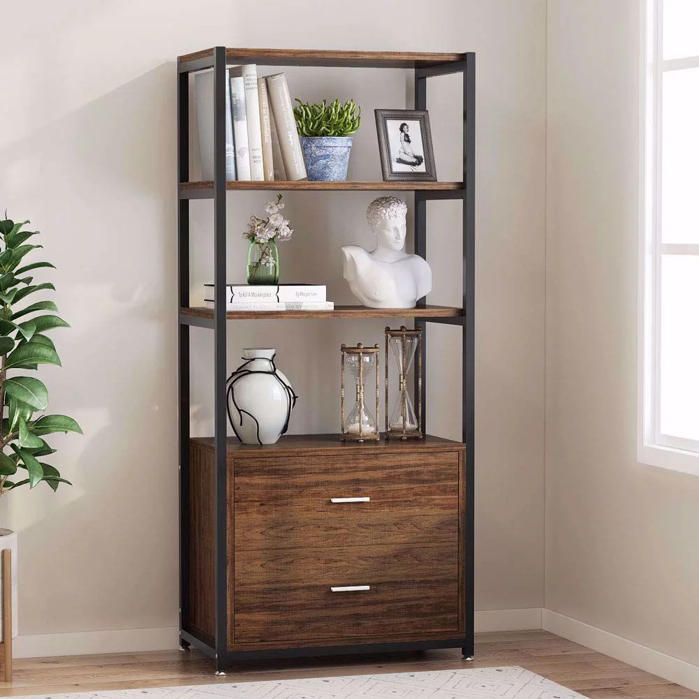 TribeSigns Bookcase with 2 Drawers, Vintage Industrial Etagere Standard Bookshelf in Rustic, Multiple 4 Tier Storage Cabinet for Home Office Organizer