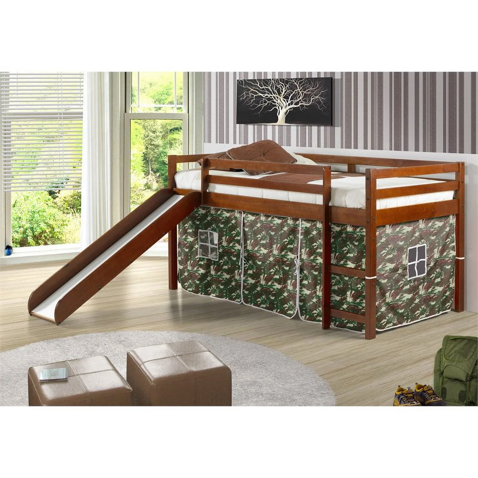 Rosebery Kids Twin Solid Wood Mission Low Loft Bed with Camo Tent in Espresso