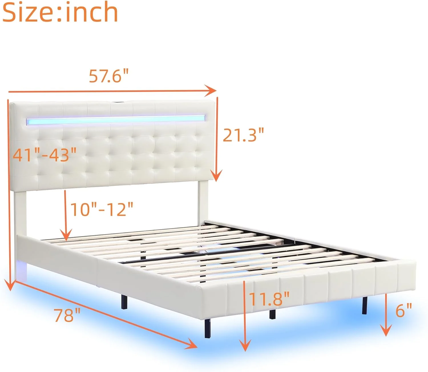 Floaig Bed Frame Full Size Wih LED Lighs Ad USB Chargig,Full Moder PU Upholsered Plaform LED Bed Frame,Whie