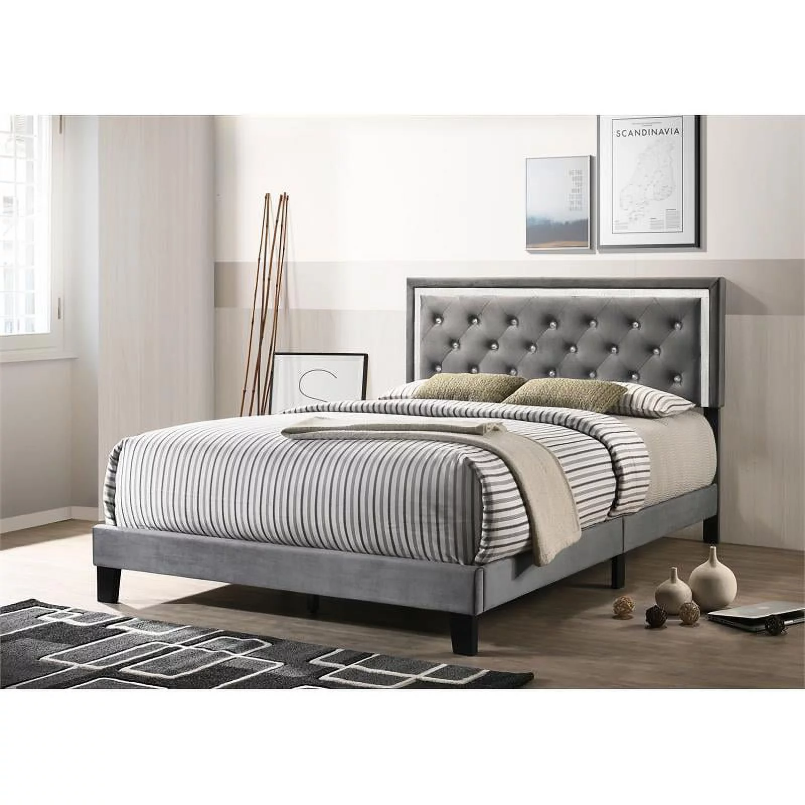 Maklaine Dark Grey Velvet Upholstered Panel Bed with Faux Crystal in Queen