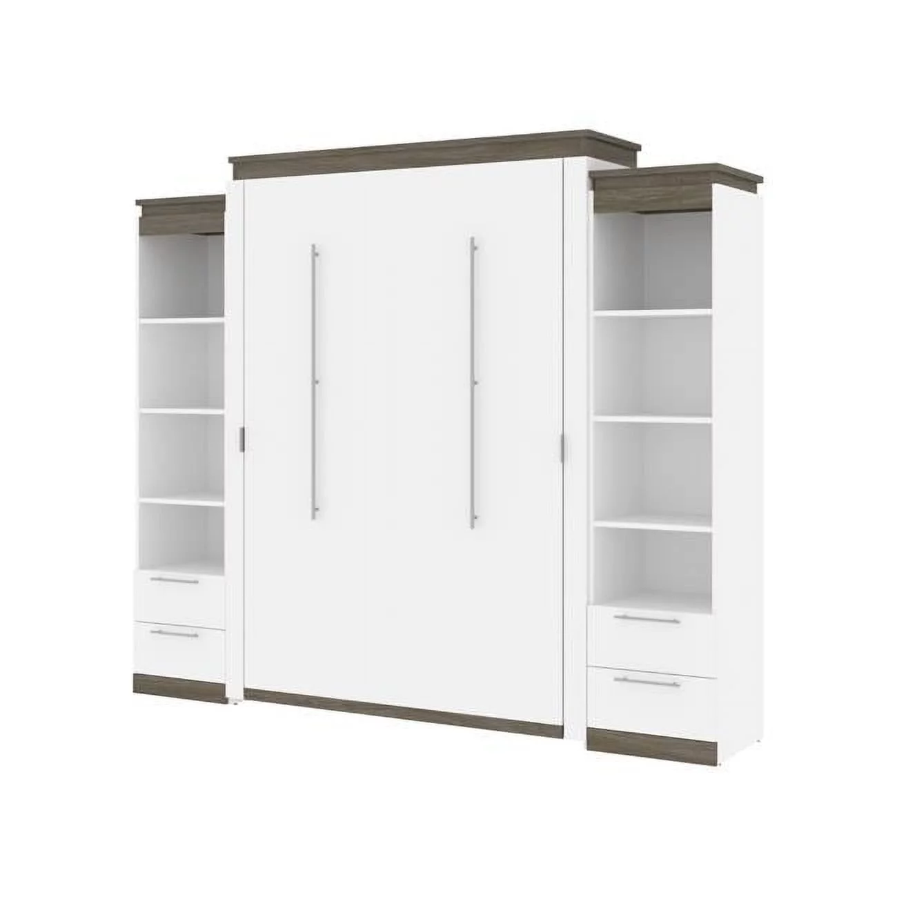 Bestar 116885-000017 104-105 in. Orion Queen Size Murphy Bed & 2 Narrow Shelving Units with Drawers, White & Walnut Gray