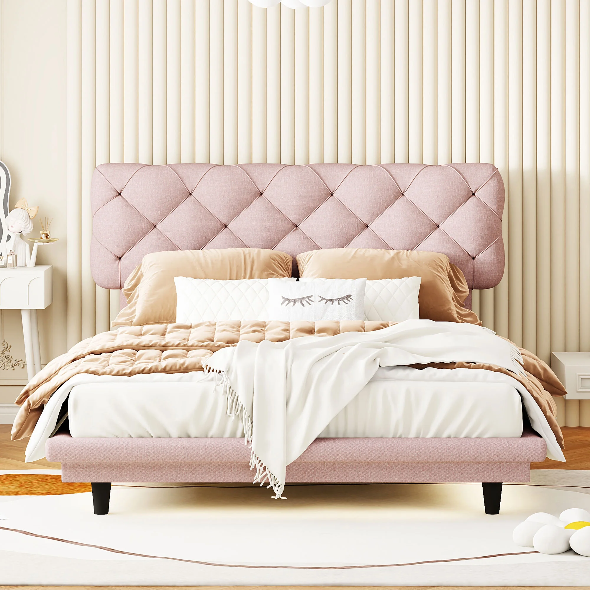 Full Size Upholstered Bed with Light Stripe, Floating Platform Bed, Linen Fabric,Pink
