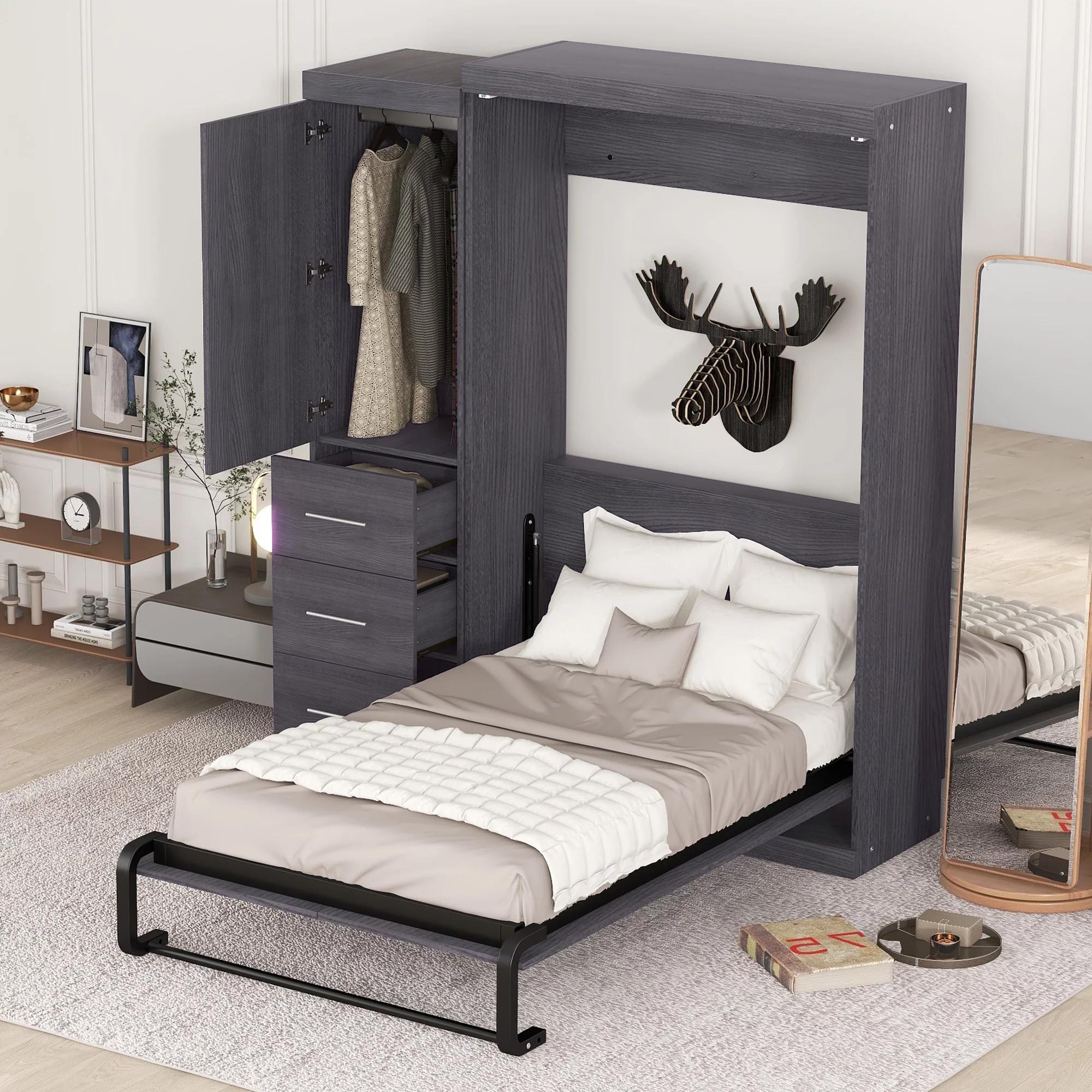 Euroco Wood Twin Size Murphy Wall Bed with Wardrobe and Drawers for Living Room, Moveable Wardrobe and Drawers, Space-Saving & Easy Open and Close, Gray