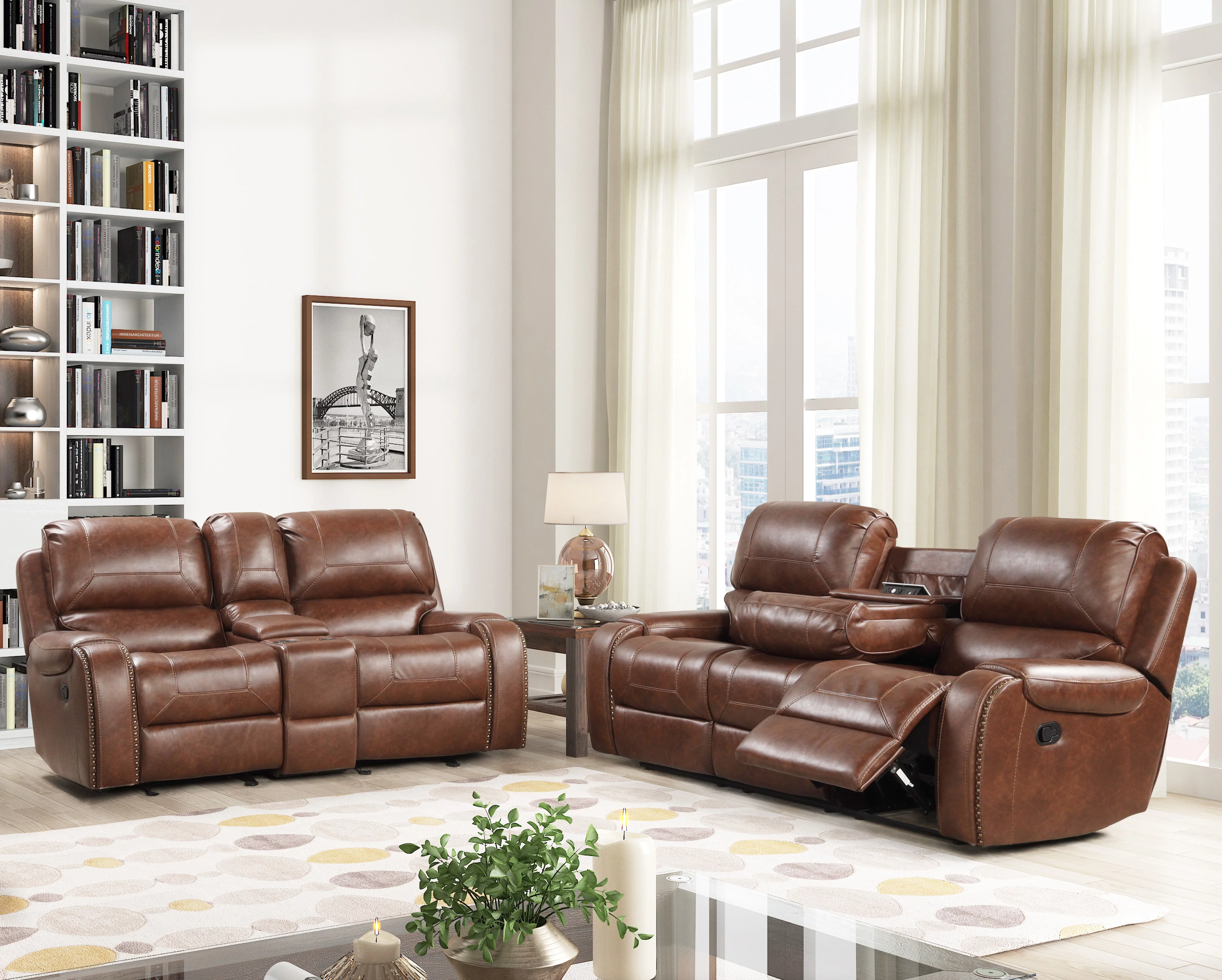 Roundhill Furniture Achern Brown Leather-Air Nailhead Manual Reclining Sofa and Loveseat with Storage Console and USB Port