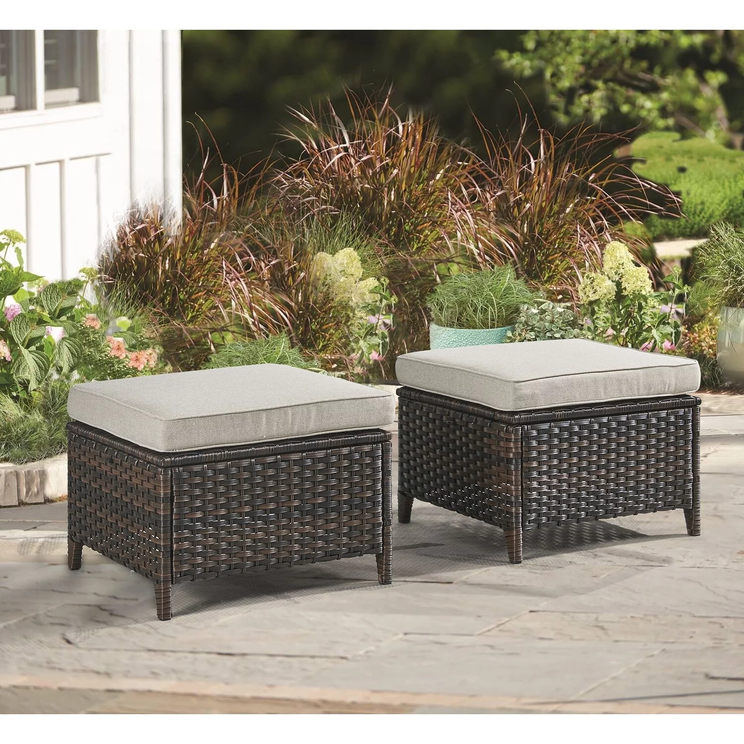 2 Piece Outdoor Ottoman Wicker Patio Ottomans Grey/Blue