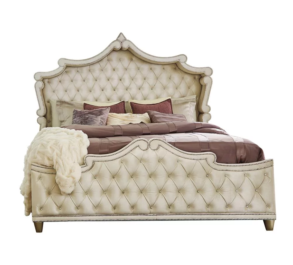 Antonella 5-Piece Queen Upholstered Tufted Bedroom Set Ivory and Camel