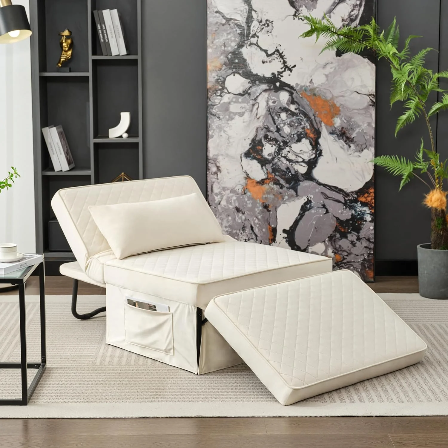 Folding Ottoman Sofa Bed, Convertible Chair 4 In 1 Multi-Function Ottoman, Couch Bed With 6 Position Adjustable Backrest, Modern, Imitation Flannel, White