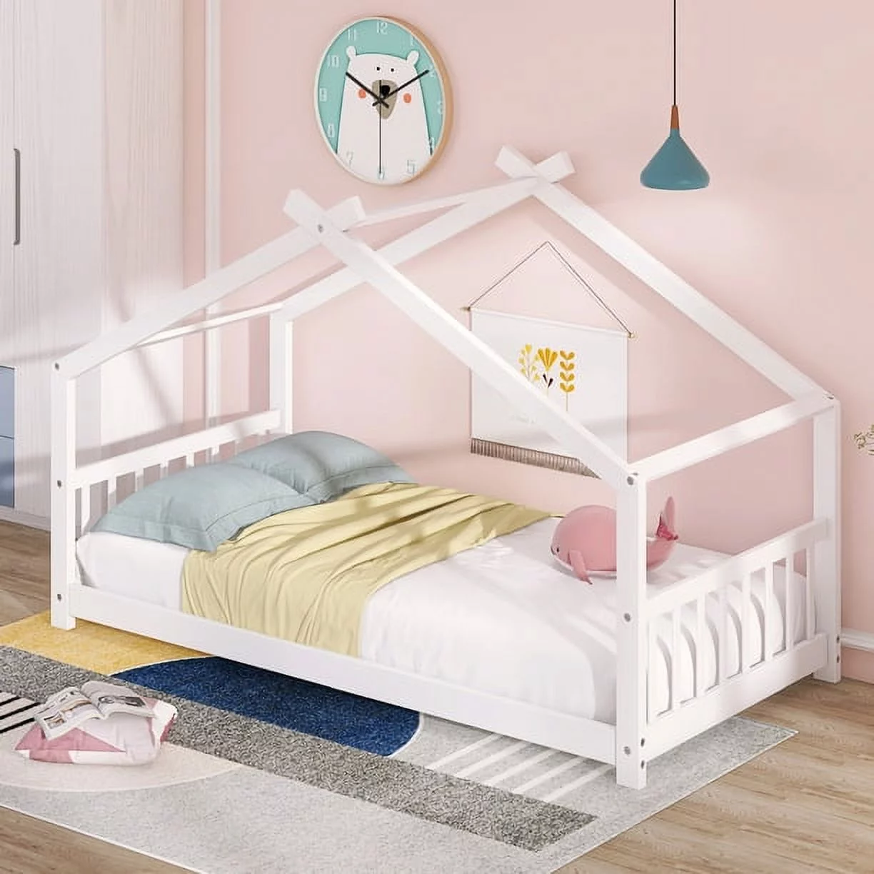 Twin House Bed, House Platform Bed with Headboard and Footboard, Wood Floor Bed for Toddlers,Kids, Girls, Boys, Can Be Decorated, White
