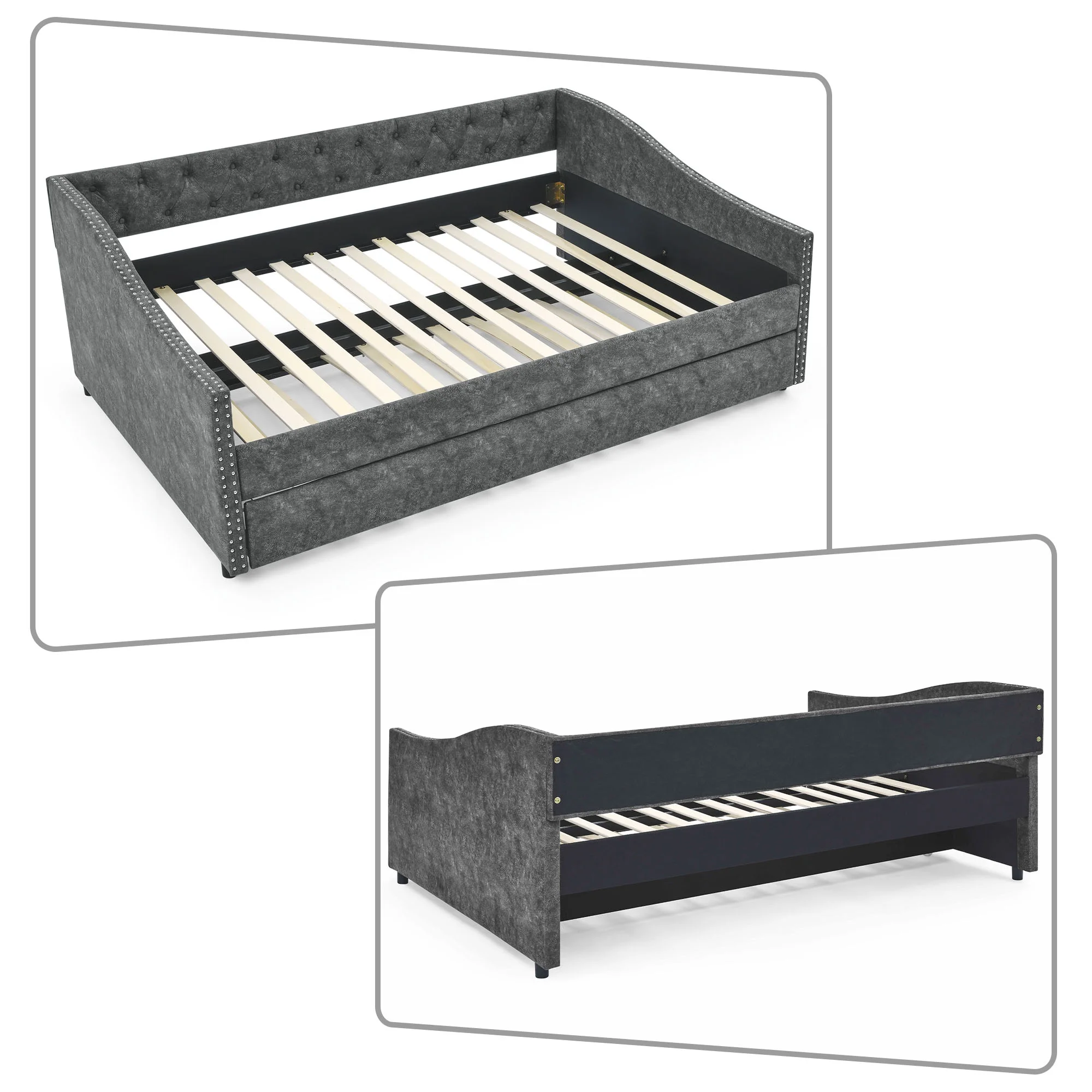 Elegant Luxurious Full Size Polyester Fabric Upholstered Daybed with Twin Size Trundle Bed, Grey