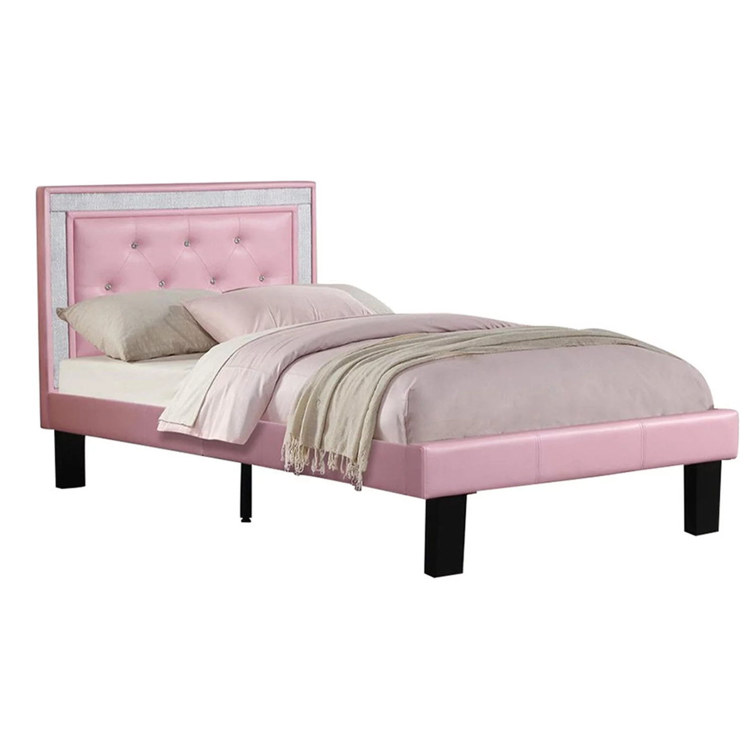 BenJara Silky And Sheeny Wooden Full Bed With Pink PU Tufted Head Board, Pink Finish-Color:Pink