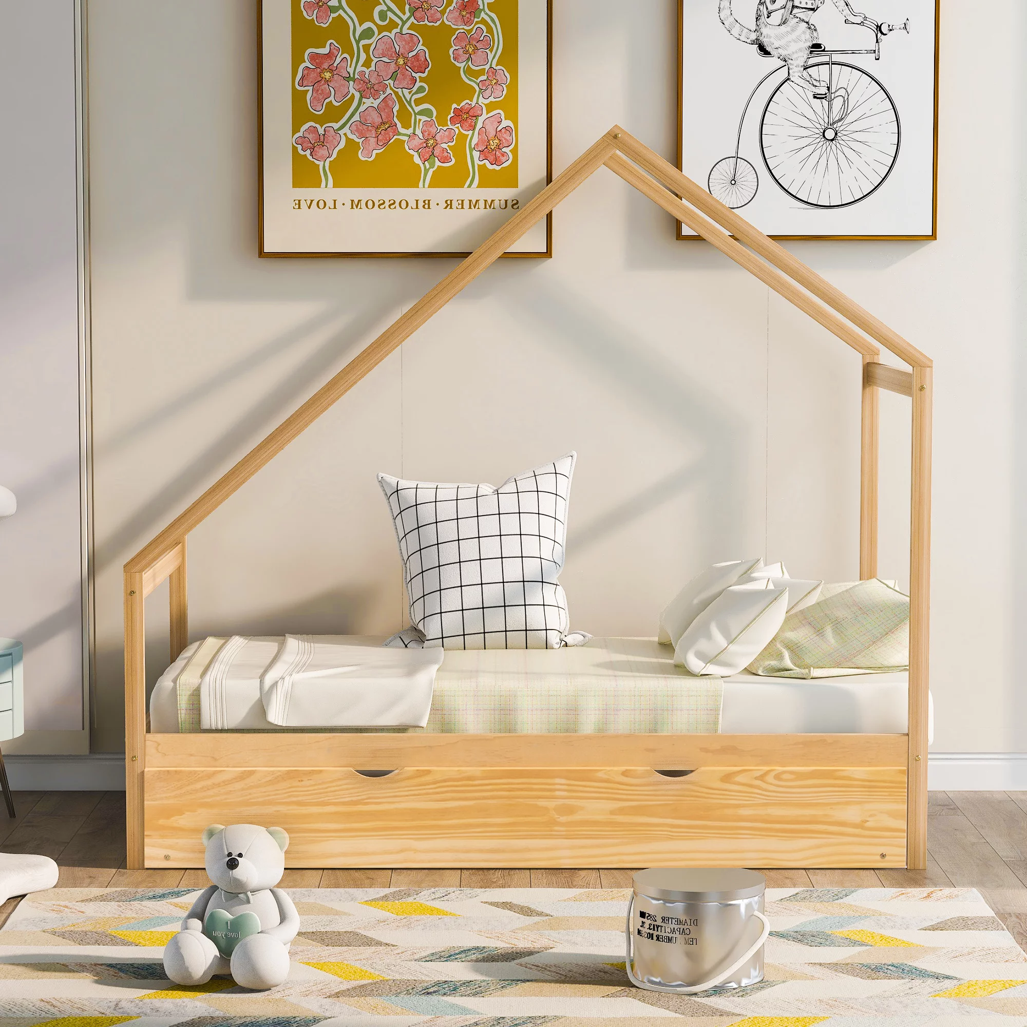 LANTRO JS Twin Size Wooden House Bed With Twin Size Trundle