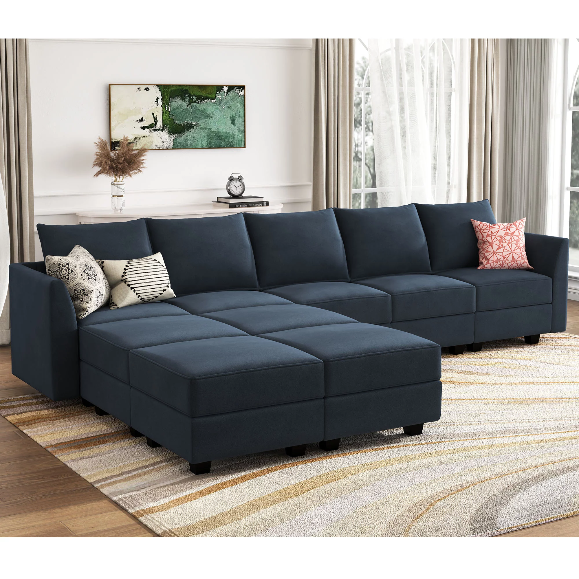 HONBAY Elegant Velvet Sectional Sofa Modular Couch, Sleeper Sofa Bed with Storage Ottomans, Navy Blue