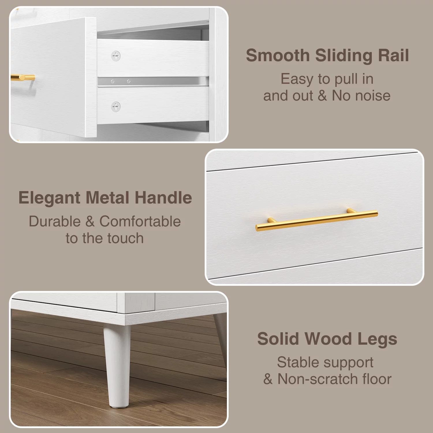 White Dresser, Dresser with 6 Drawers, Wide Chest of Drawers with Gold Handles