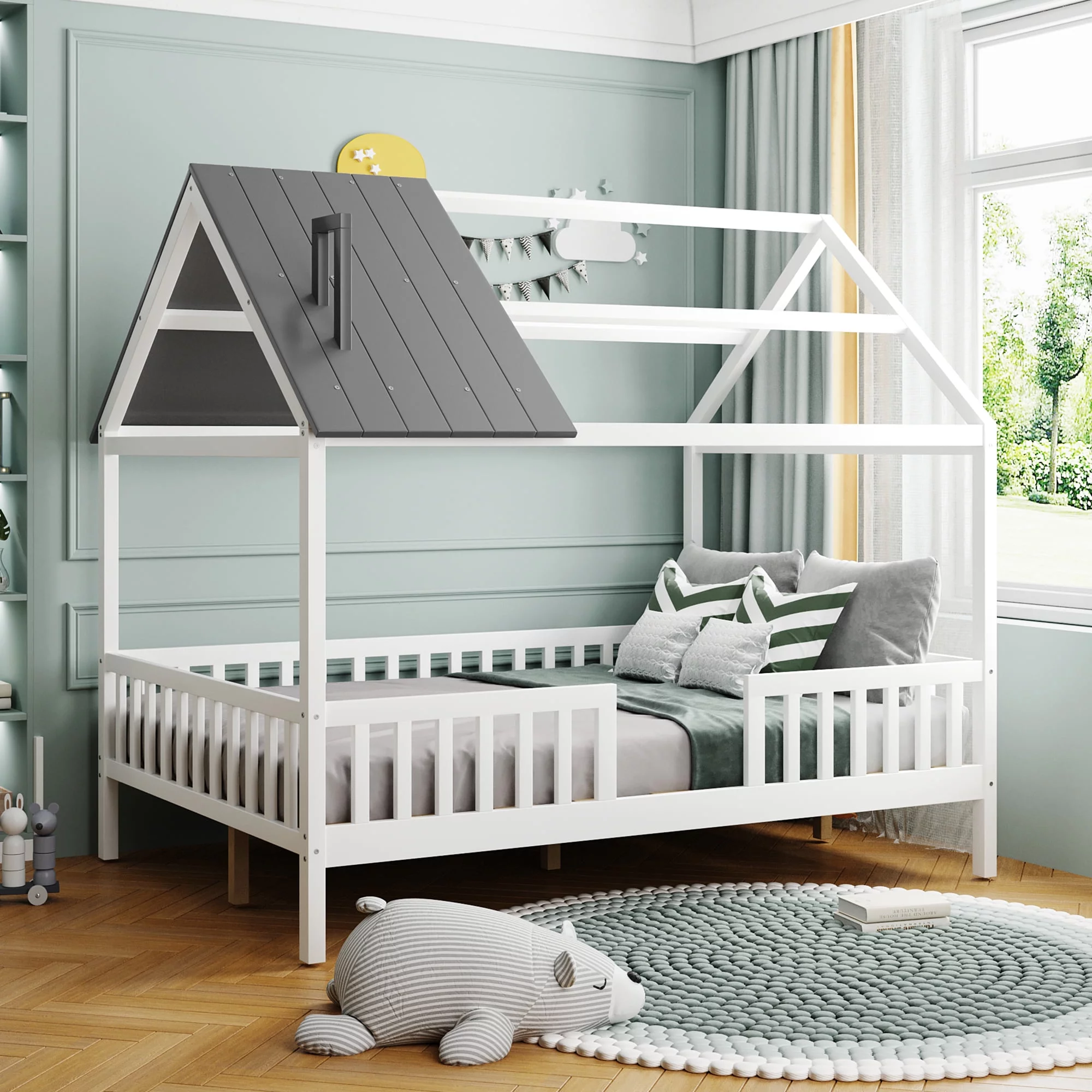 CoSoTower Full Size Wood House Bed With Fence, White+Gray