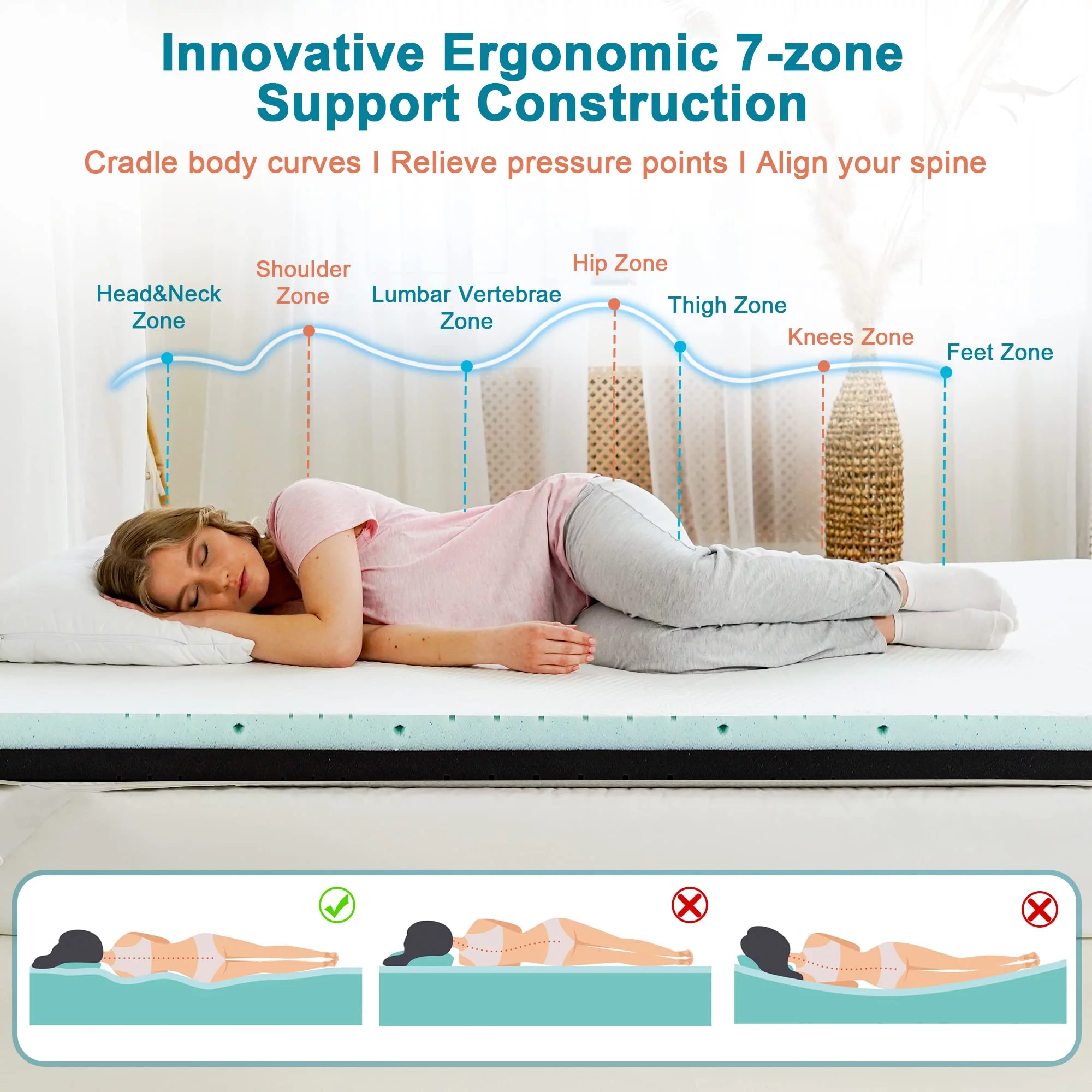 Elviros 3 inch Dual Firmness Gel Memory Foam Mattress Topper King Size, Adjustable Comfort, White