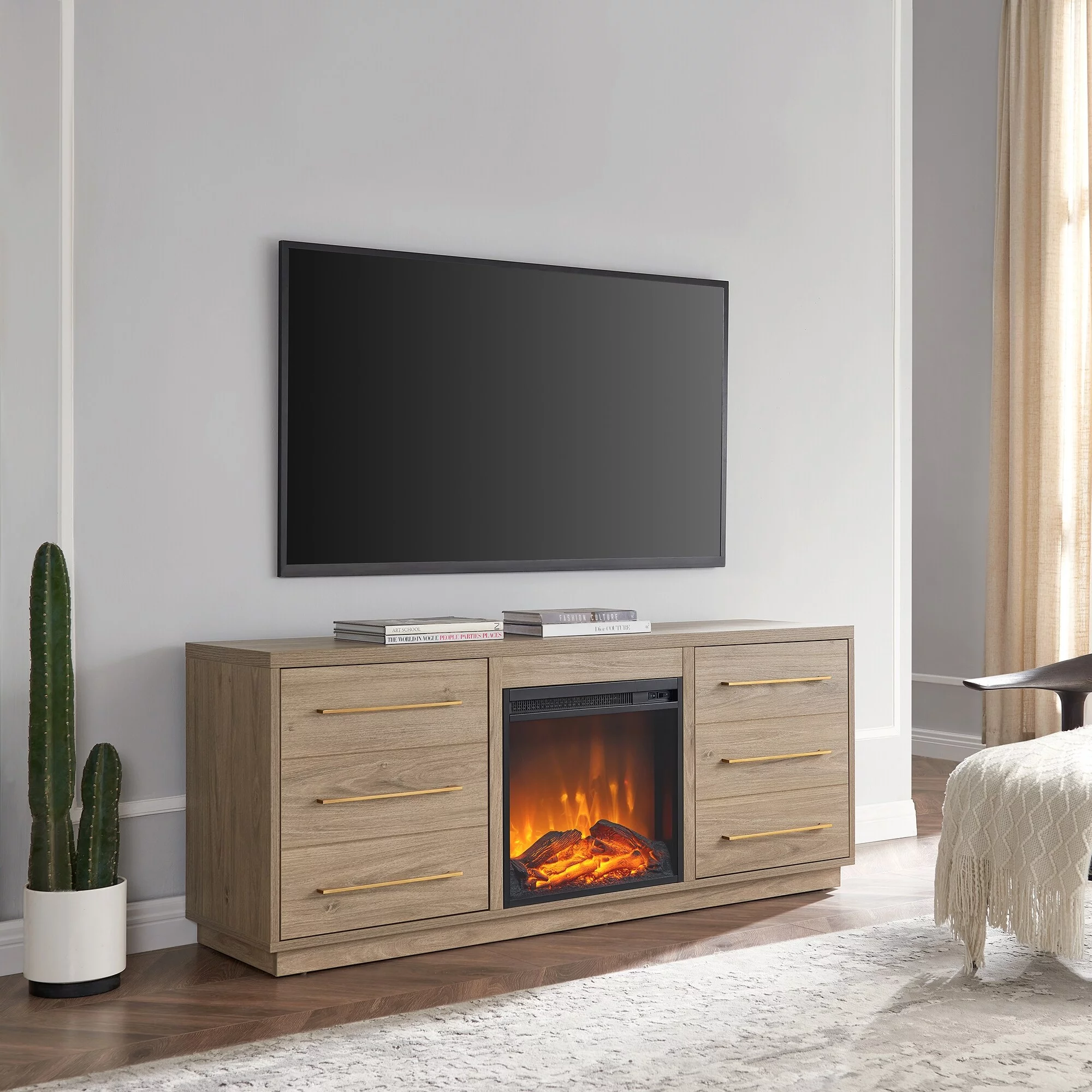 Greer TV Stand with Log Fireplace Alder Brown