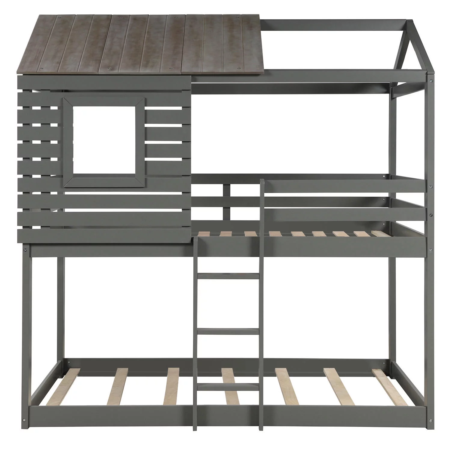 Dcenta Twin Over Twin Bunk Bed Wood Loft Bed with Roof, Window, Guardrail, Ladder (Gray)