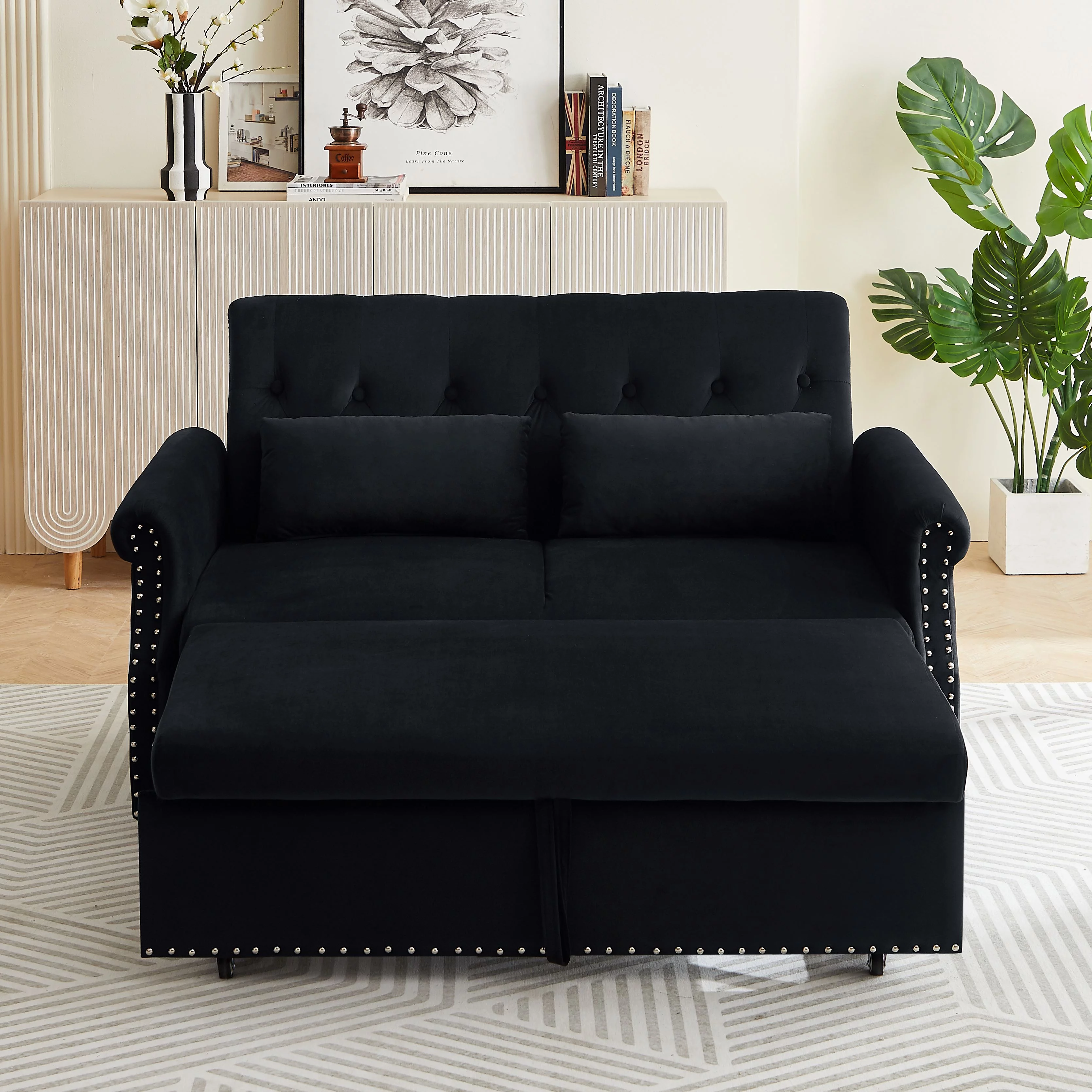 Modern Pull Out Convertible Sleeper Sofa Bed, Velvet Folding Futon Couch Loveseat Recliner with Adjsutable Backrest Pillows for Living Room Bedroom Apartment Office