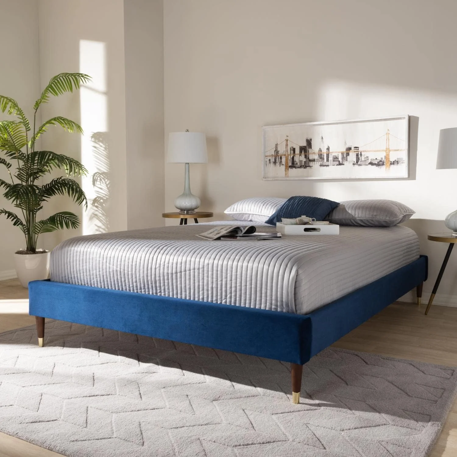 Volden  And Luxe Navy Blue Velvet Fabric Upholstered Full Size Wood Platform Bed Frame With Gold-Tone Leg Tips