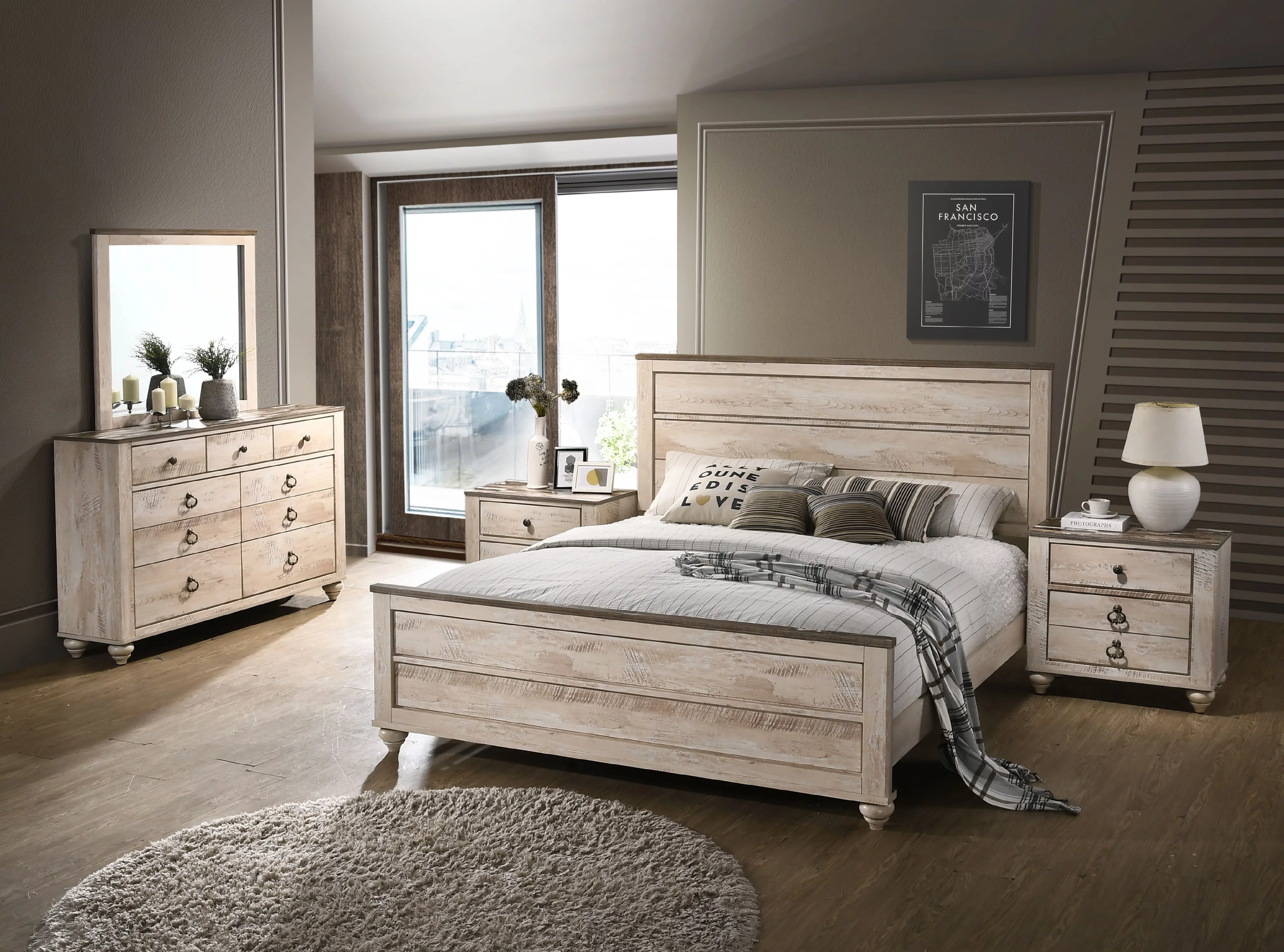 Roundhill Imerland Contemporary White Wash Finish 5-Piece Queen Size Bedroom Set
