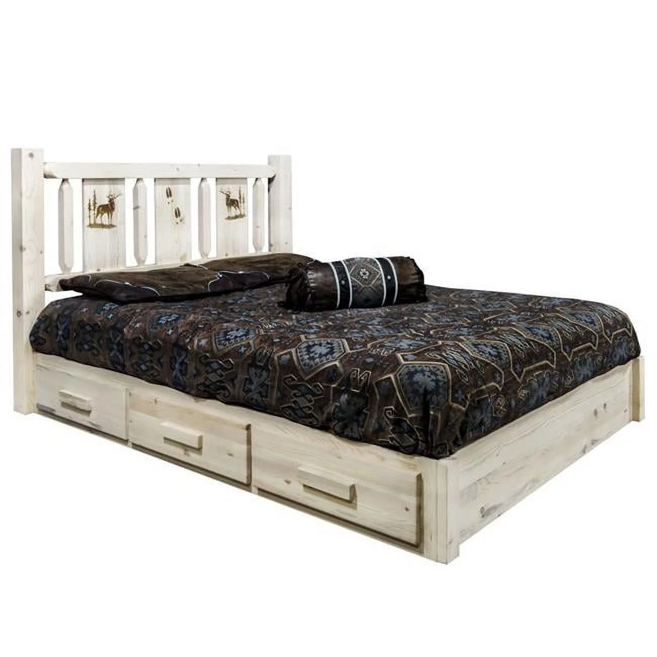 Homestead Collection Platform Bed with Storage, Full Size with Laser Engraved Elk Design, Ready to Finish
