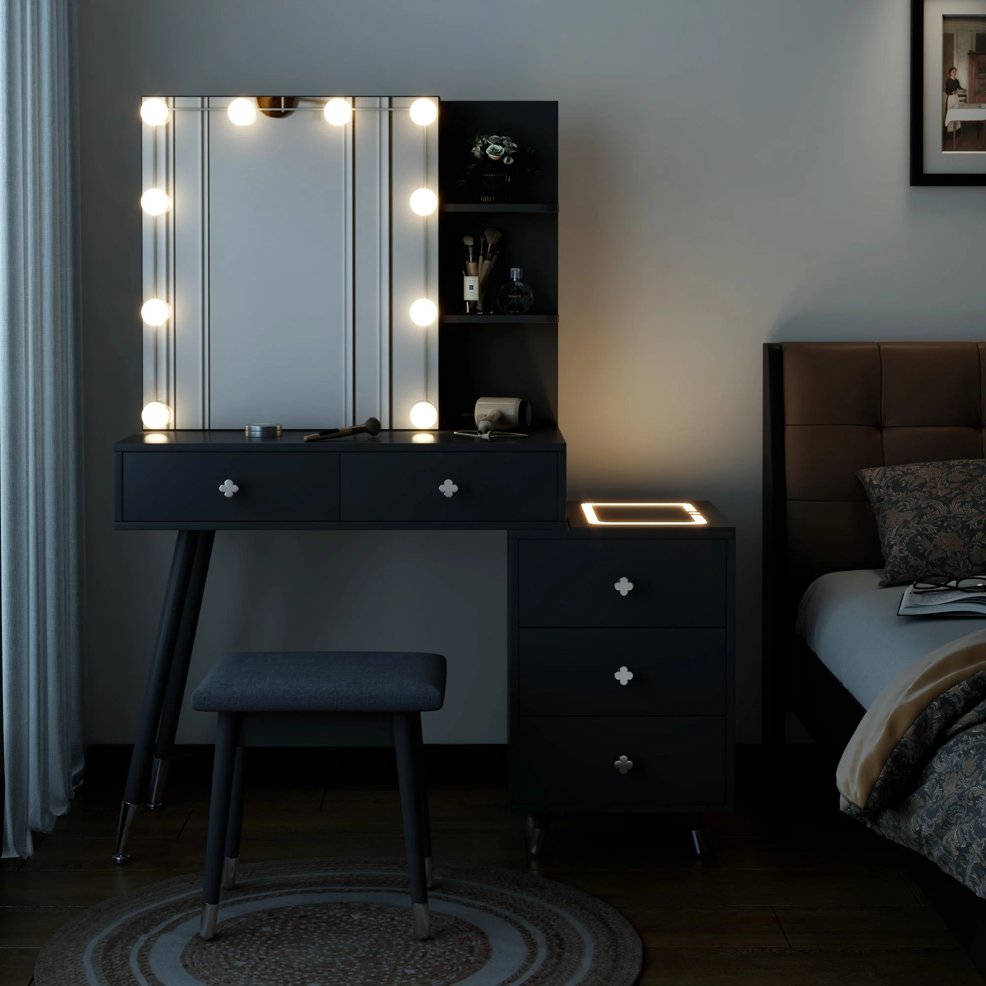 Smuxee Modern Vanity Table with Lights Mirror,Rechargeable Dressing Table,2 Shelves,5 Drawers,Black