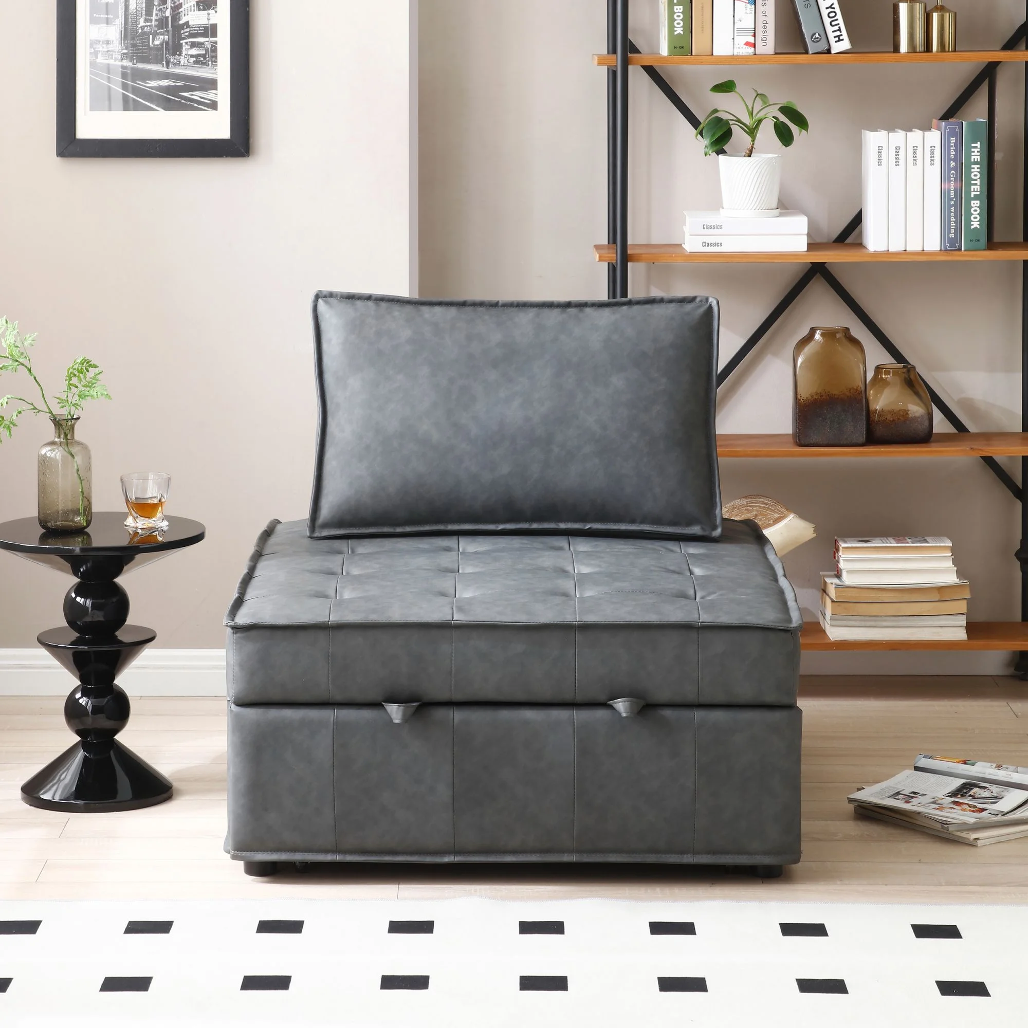 CoSoTower Multipurpose Faux Leather Ottoman Lazy Chair Pulling Out Sofa Bed (Dark Grey)