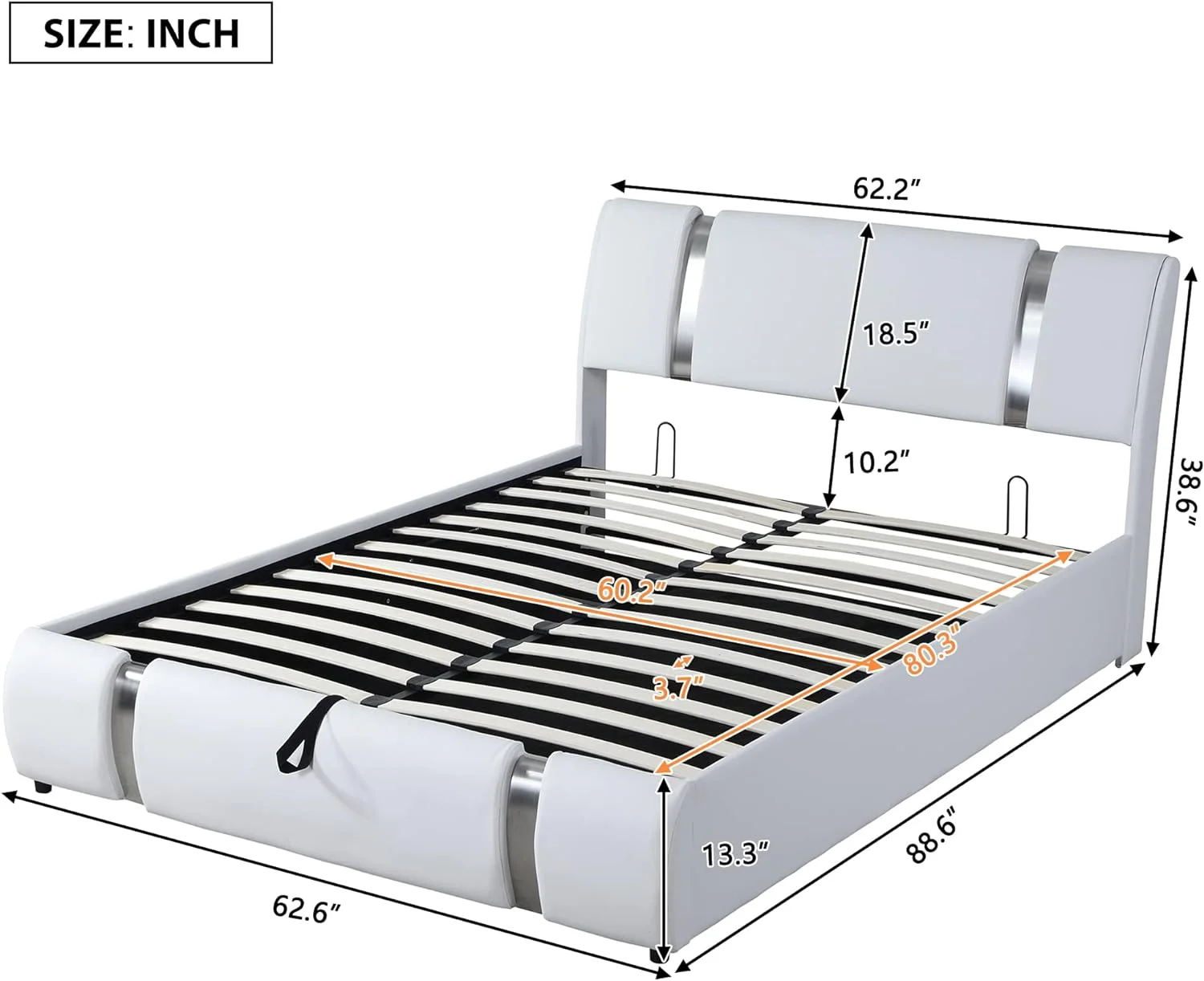 Quee Size Upholstered Bed Frame With Liftig Storage Moder Faux Leather Platform Bed With Iro Metal Decor Ad Padded Headboard, Woode Slat Support Ad Uder Bed Storage, White