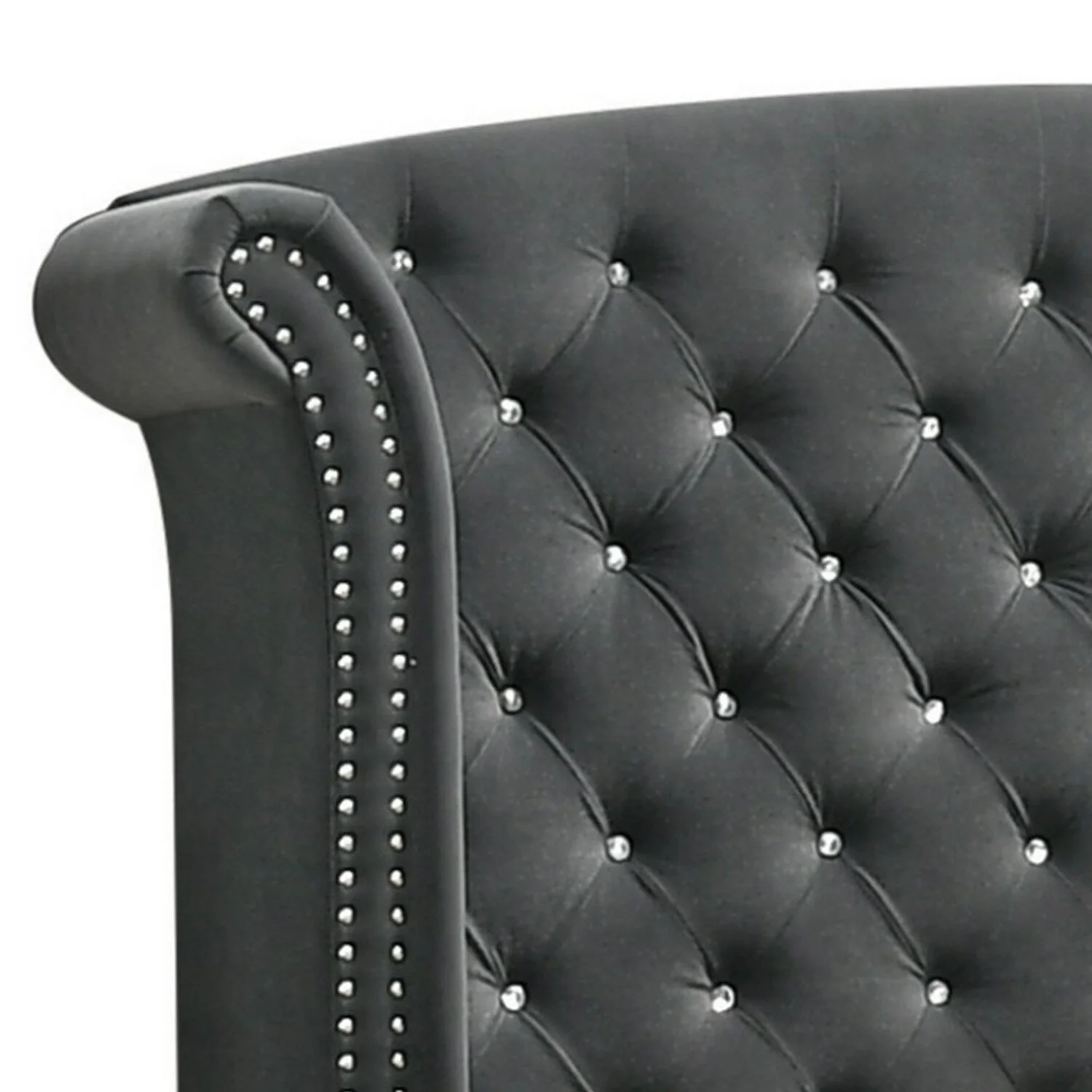 BenJara Giya California King Bed, Tufted Headboard, Nailed Gray Velvet Upholstery