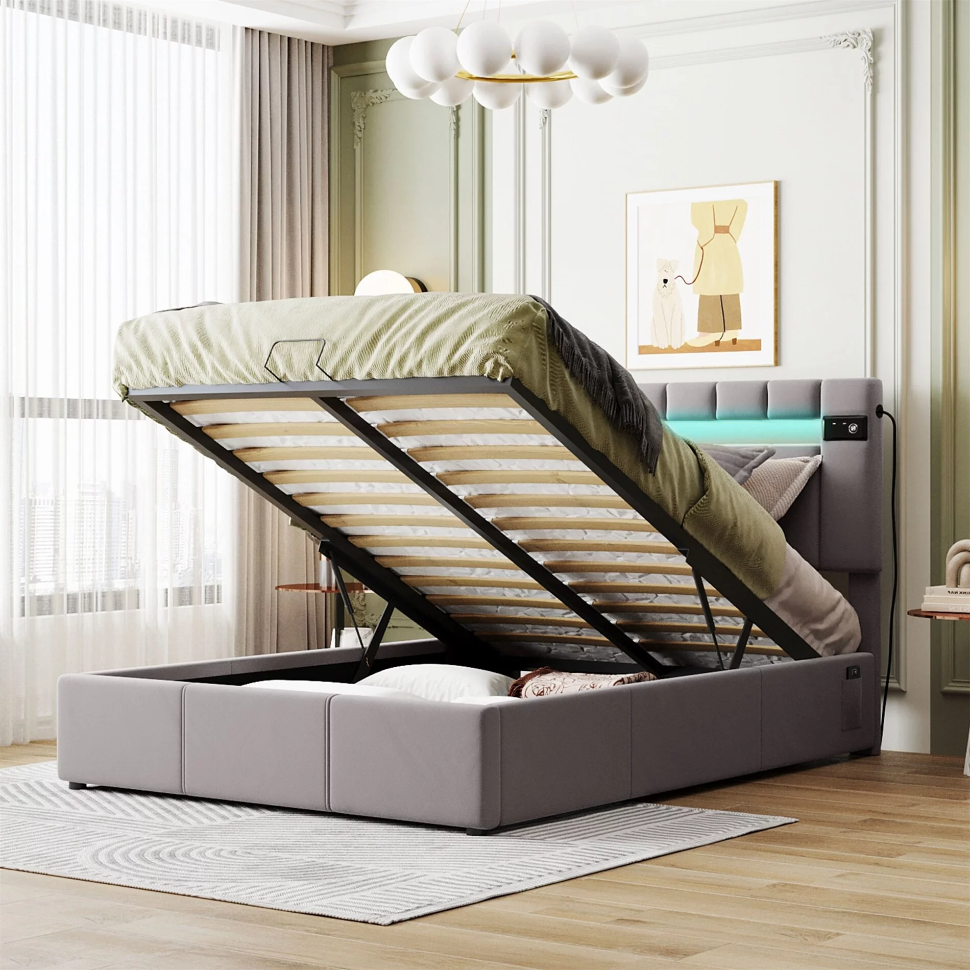 BESTCOSTY Full Size Upholstered Bed Frame with LED light and USB Charging