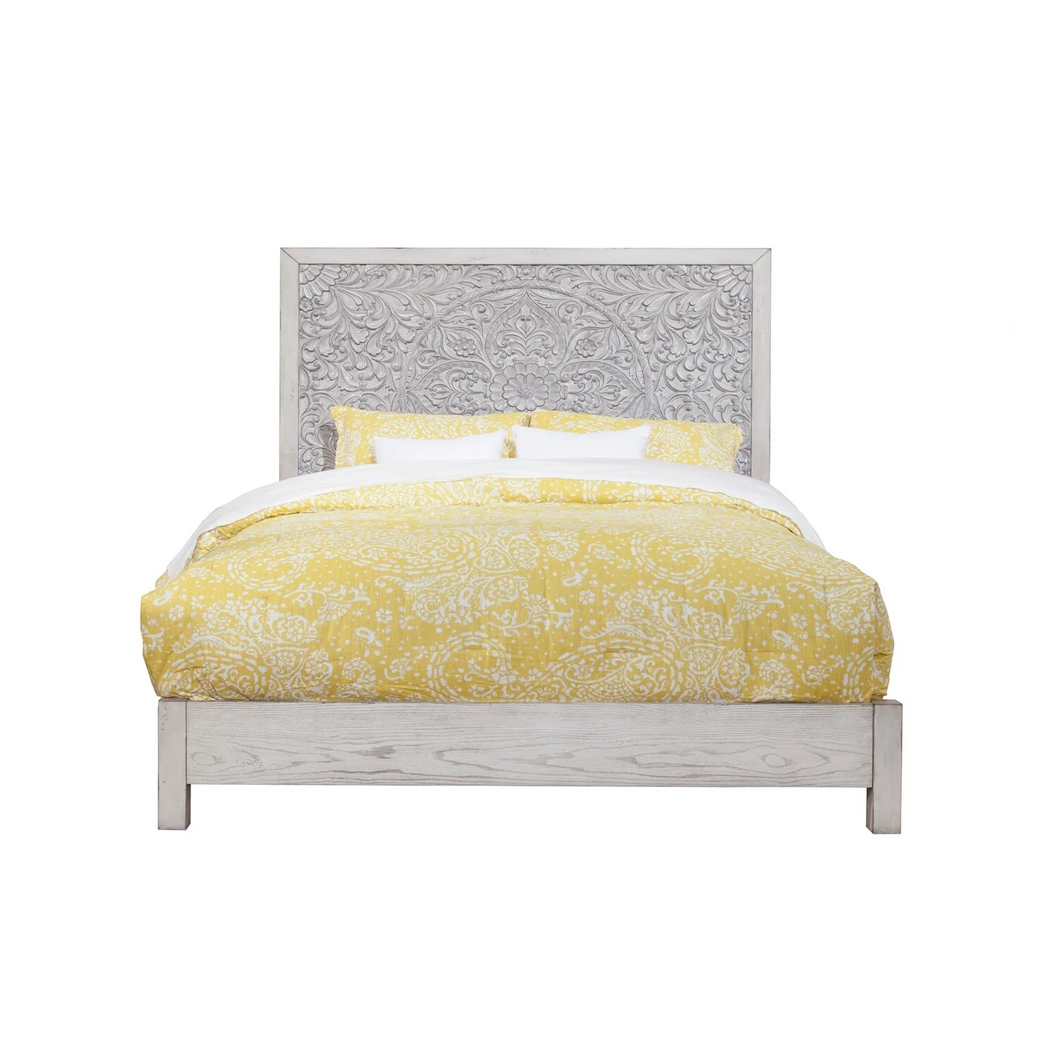 Benjara Ida California King Panel Bed, Elegant Floral Carved Headboard, Light Gray