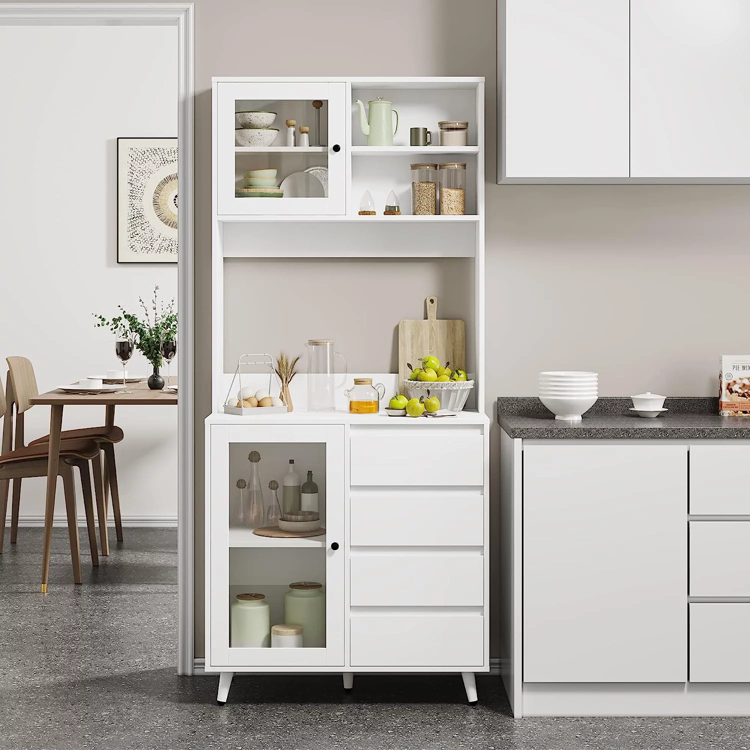 71'' Tall Kitchen Pantry Cabinet with Large Countertop Kitchen Buffet Hutch Cabinet with 2 Adjustable Shelves & Tempered Glass Doors 4 Handless Drawers for White