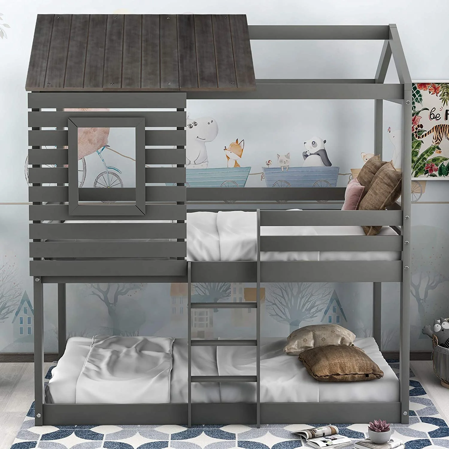 Churanty Twin Over Twin Bunk Bed Wood Loft Bed Bedroom Furniture with Roof