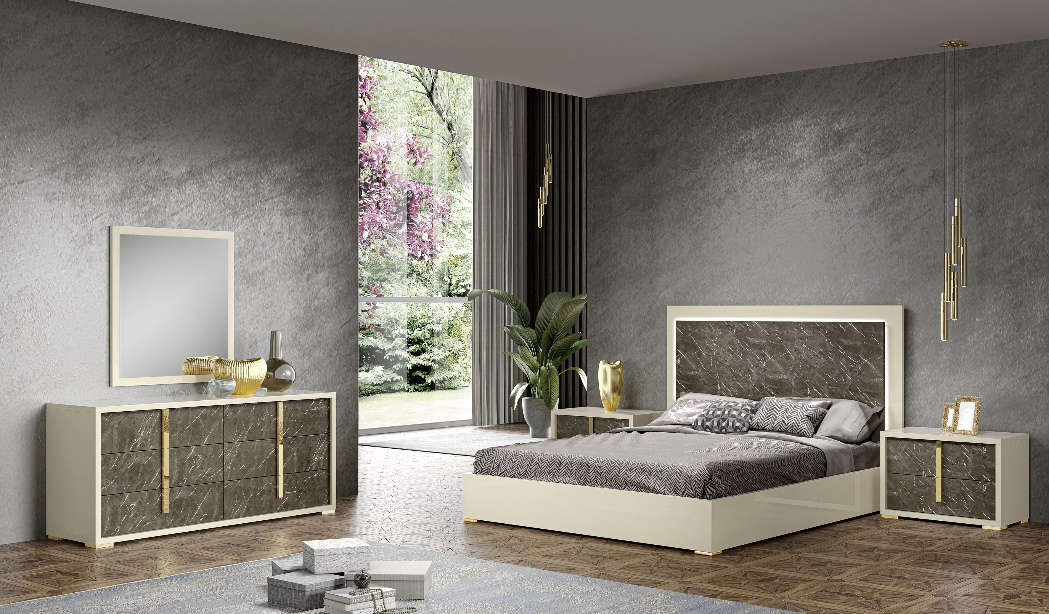 J&M Furniture Sonia Premium Bedroom with 6 piece queen bed, chest, dresser, mirror and 2 nightstand , queen bedroom set