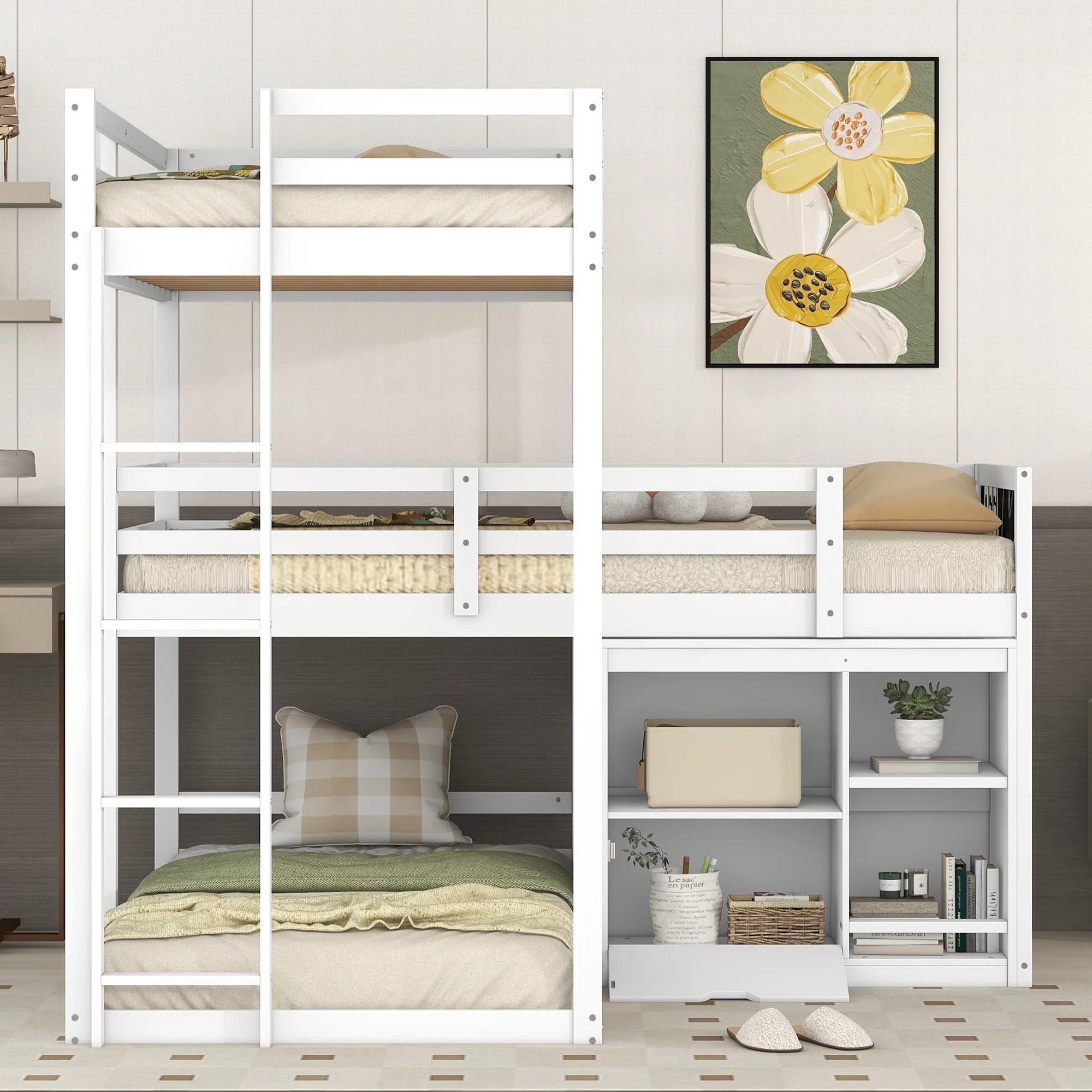 CoSoTower L-Shaped Wood Triple Twin Size Bunk Bed with Storage Cabinet and Blackboard, Ladder, White