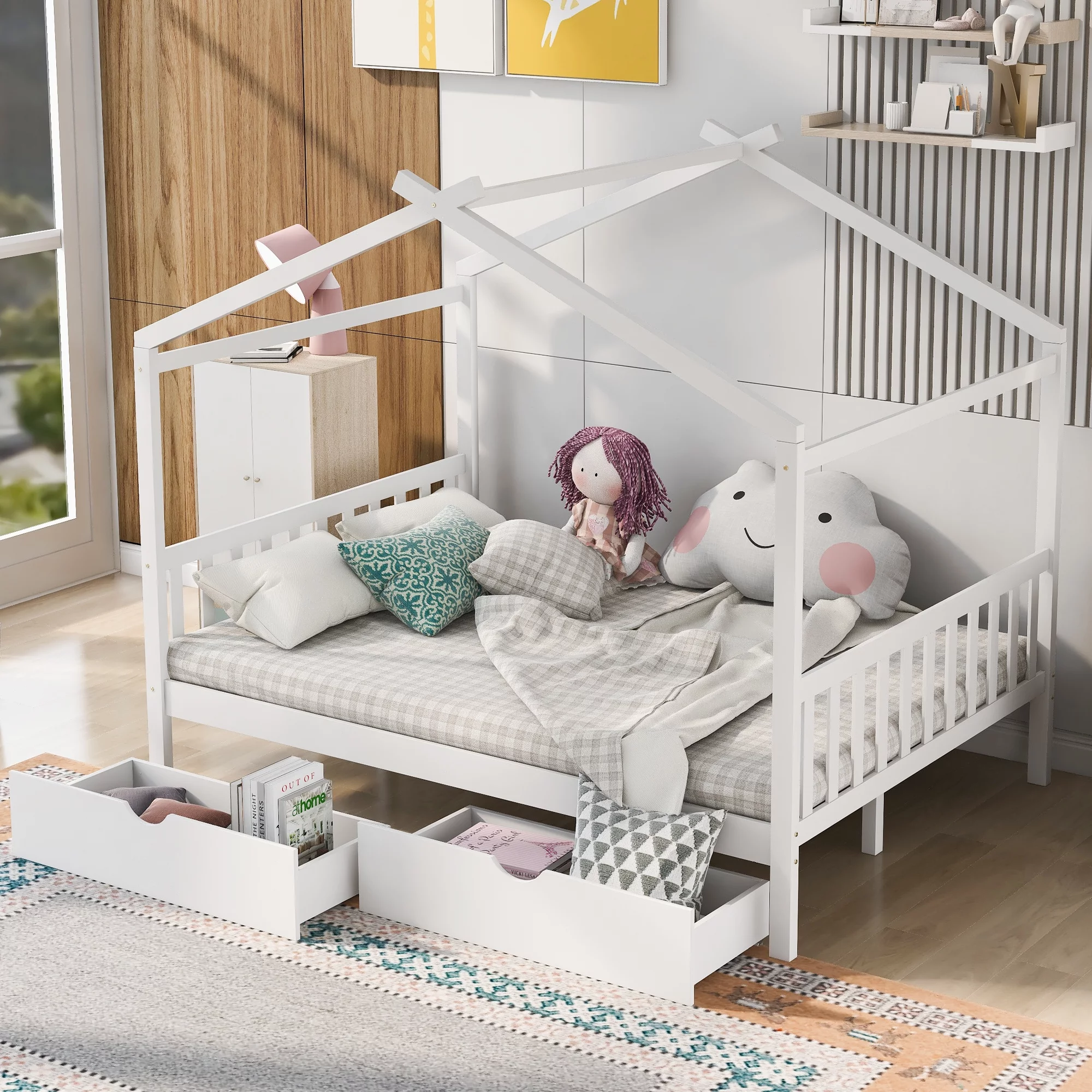 EUROCO Full Size House Bed with Two Drawers for Kids, Solid Wood Platform Bed for Living Room, White