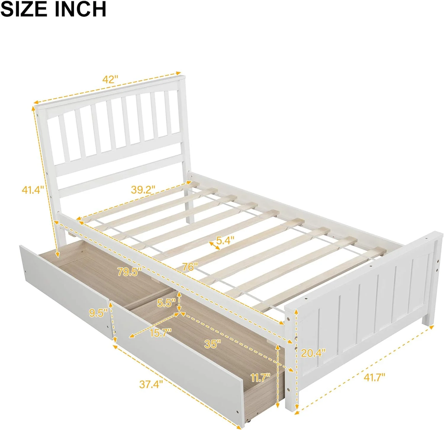 Size Bed With 2 Storage Drawers, Wood Platform Bed With Headboard & Footboard, Bed With Storage For Kids Girls Boys, o Box Sprig eeded,White