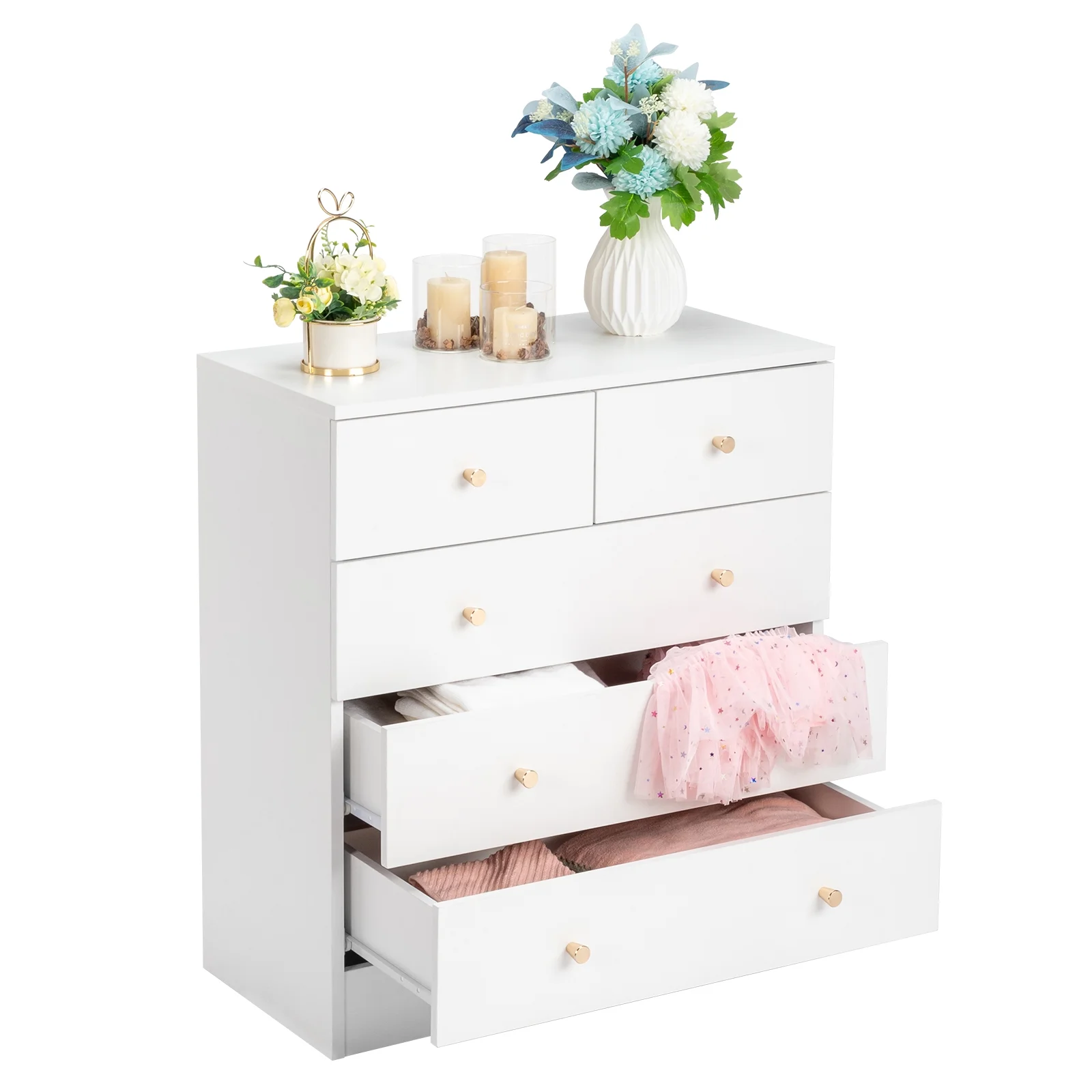 BestHome Modern 5 Drawer Dresser, Heavy Duty 4-Layer Wood Dresser for Bedroom, Chest of Drawers with Gold Handle for Kids Room, Vertical Storage Cabinet for Bathroom, Closet, Entryway, Hallway, White