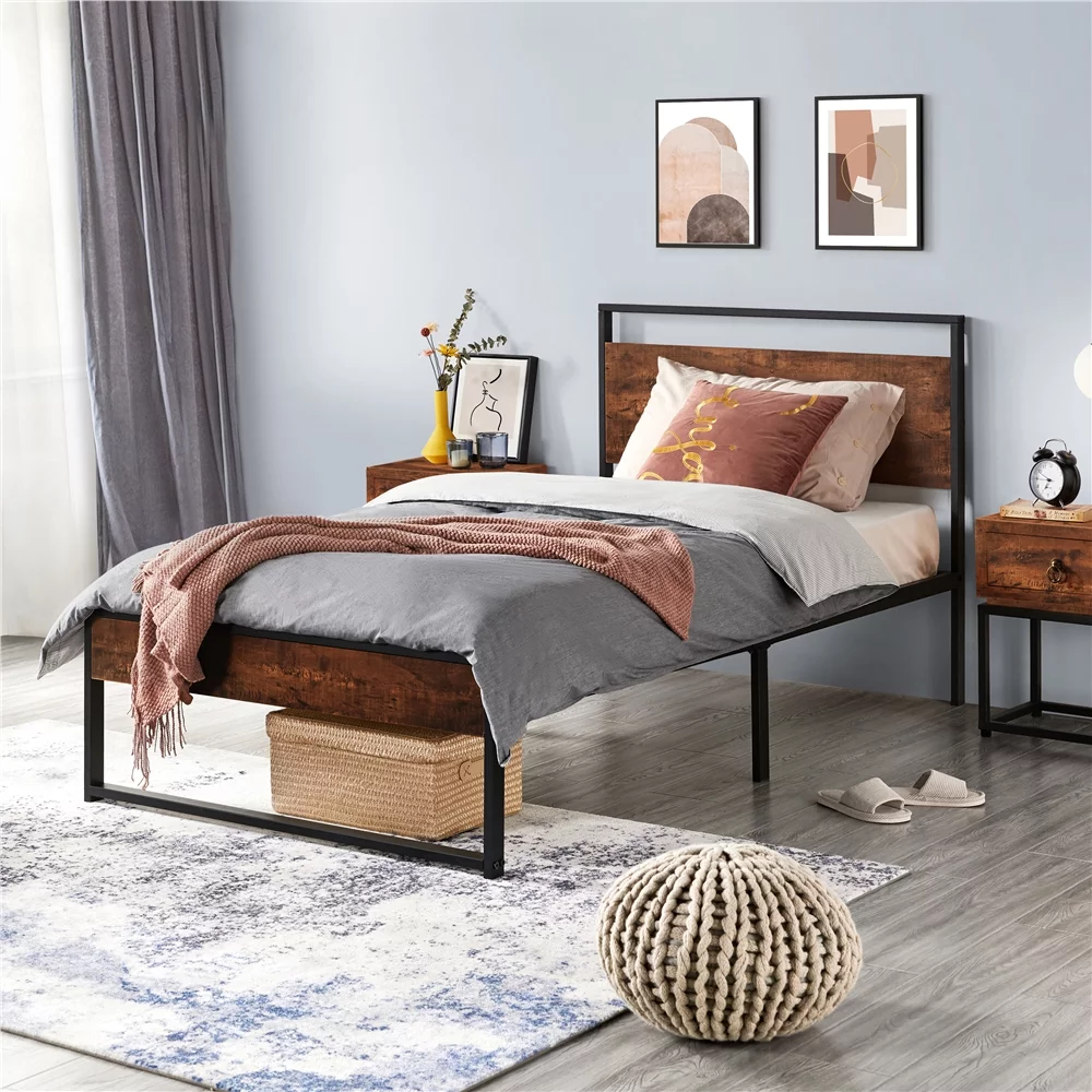 Yaheetech Rustic Platform Bed with Wooden Headboard and Footboard, Twin Size, Mahogany
