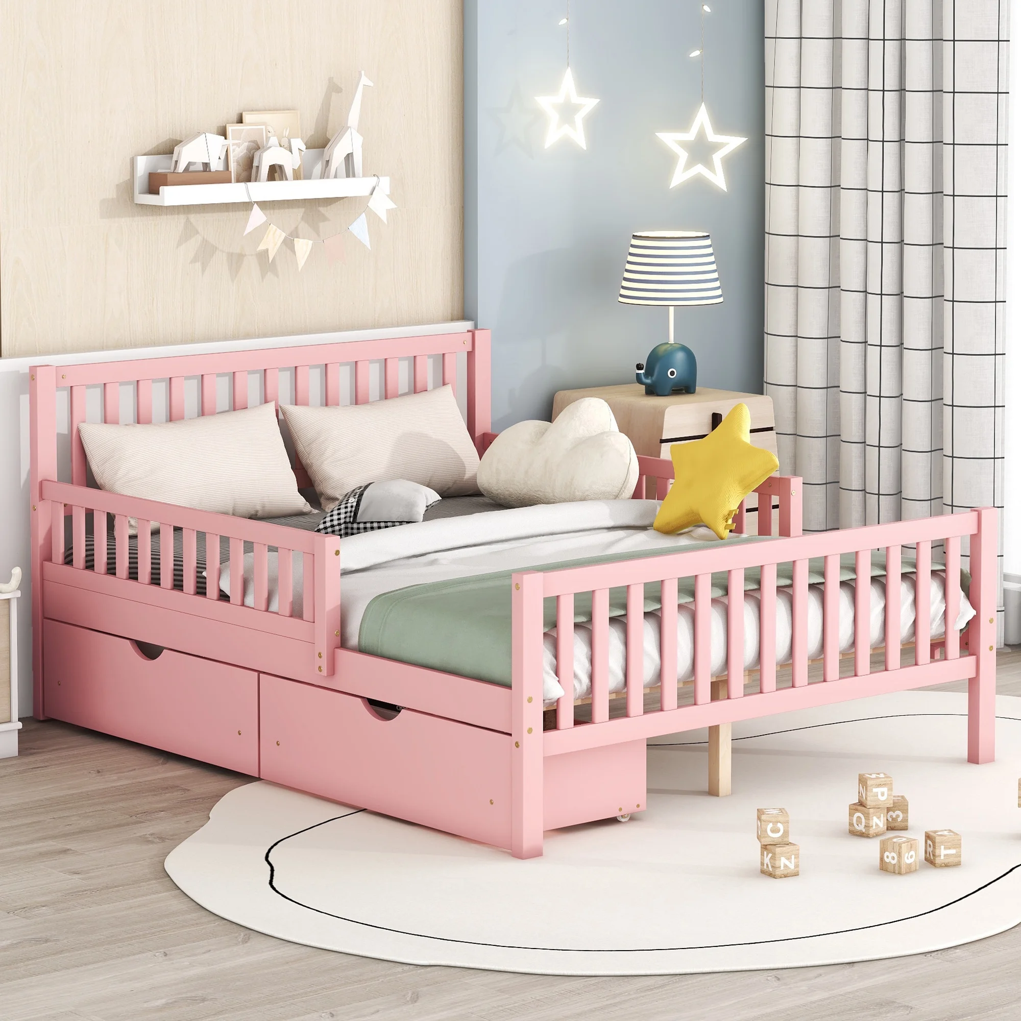 BTMWAY Pink Wood Full Bed Frame with Storage Drawers, Full Platform Bed Frame with Headboard, Guardrails on Both Sides, Full Size Bed Frame No Box Spring Needed for Kids Boys Girls Teens