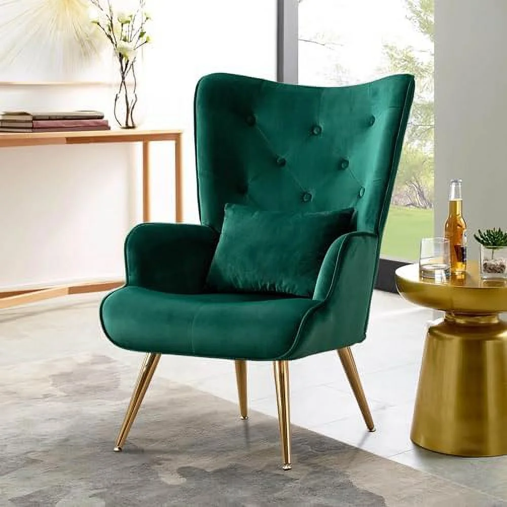 KHBIULIFE Velvet Accent Chair Tufted Lounge Chair Contour Arm Chair with Pillow for Living Room Bedroom Golden Finished Grey