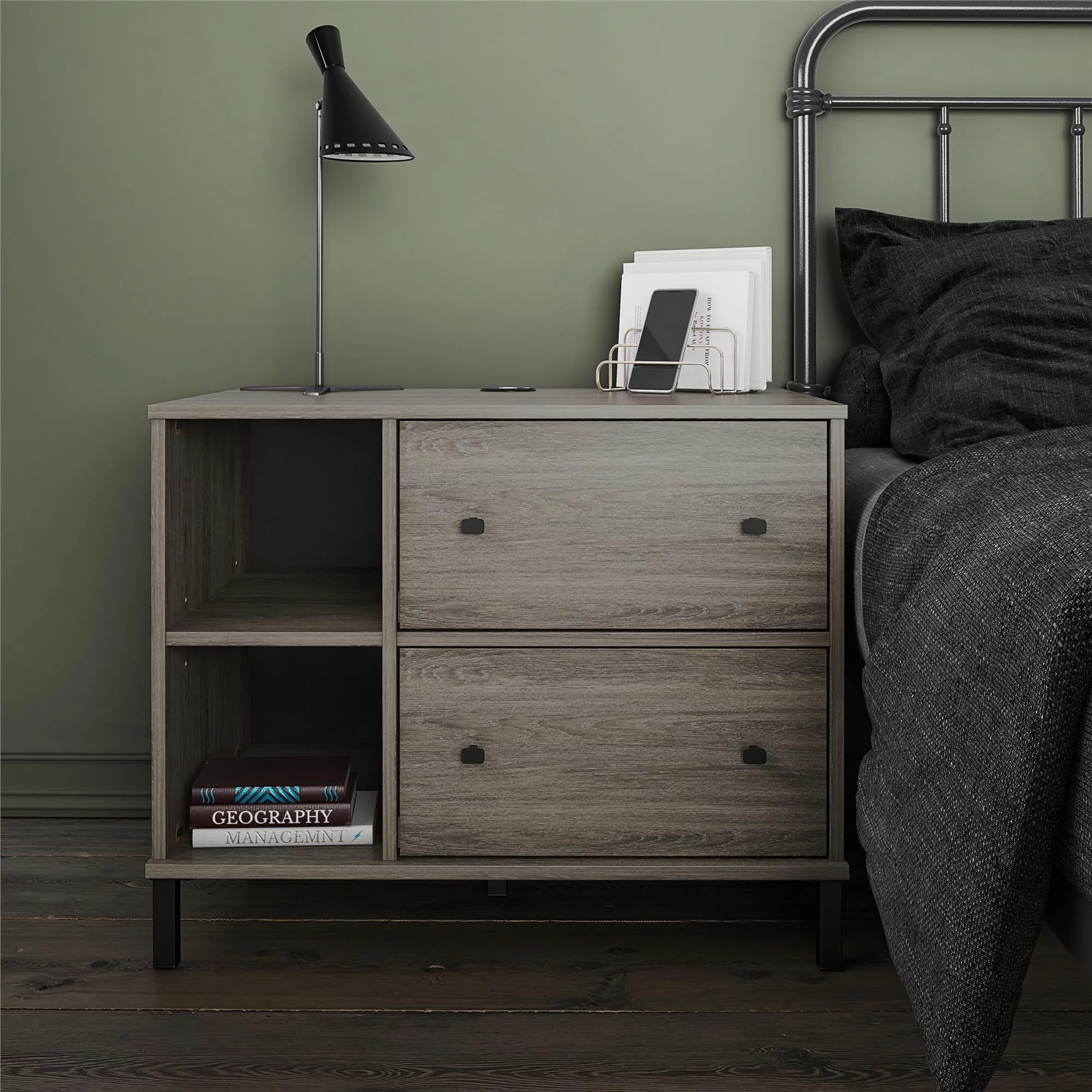 Novogratz Kalissa Wide Nightstand with Wireless Charger, Gray Oak with Black