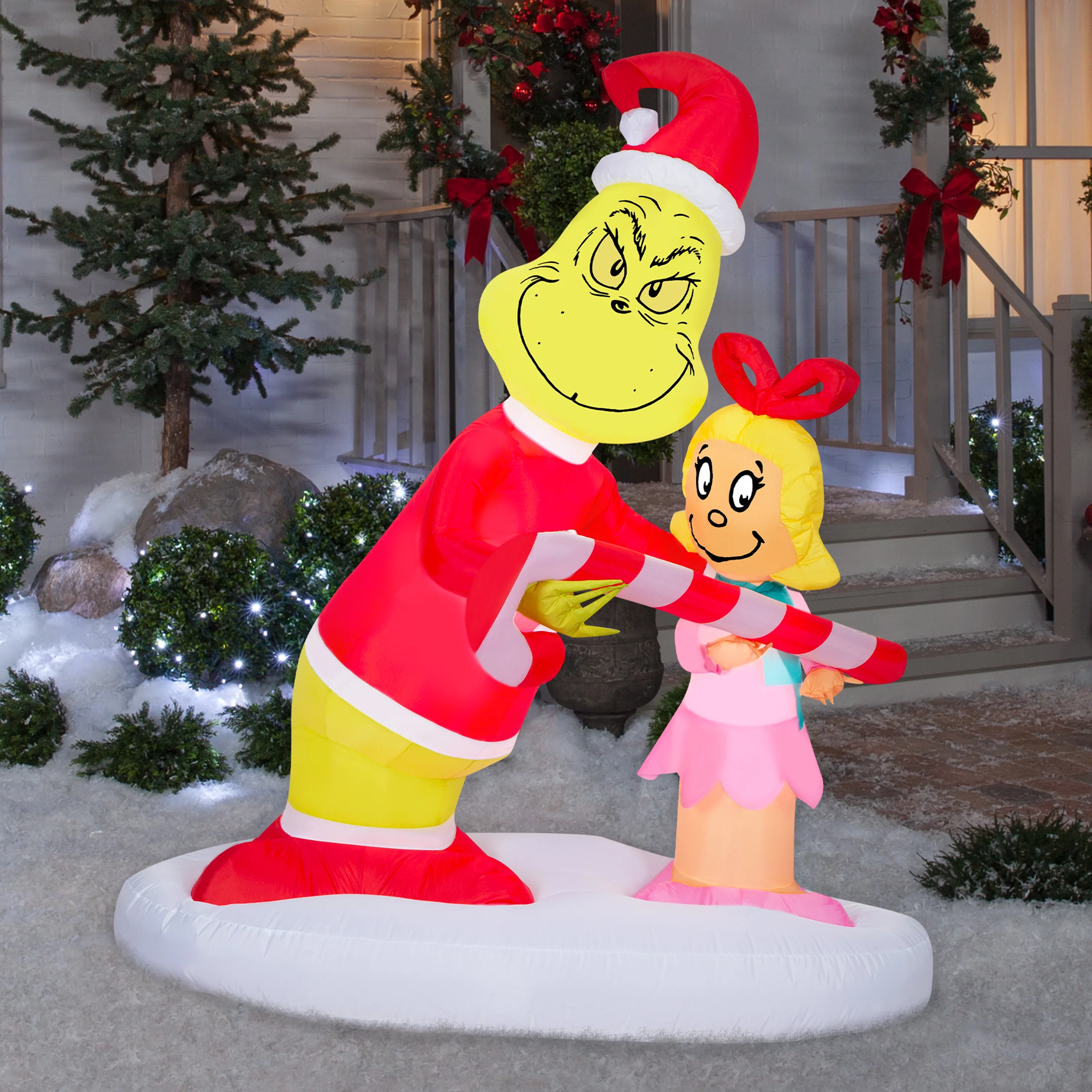 Gemmy Airblown Inflatable Grinch Passing Out Candy Canes to Cindy Lou Scene Dr. Seuss, 5.5 ft Tall