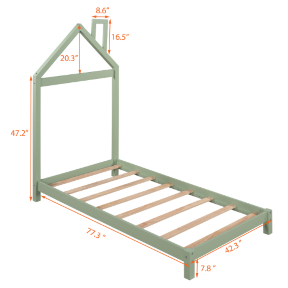 Twin Size Wood Platform Bed with House-shaped Headboard (Green)