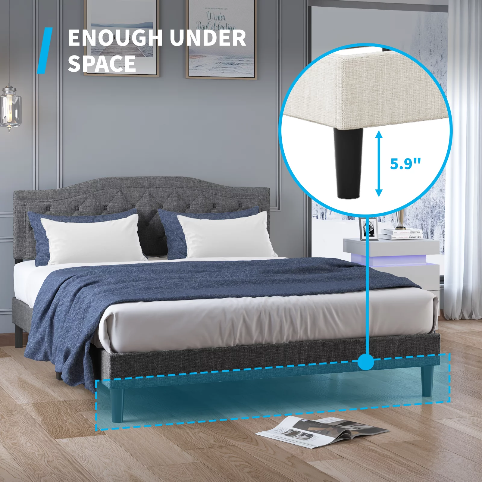 MUZZ Upholstered Line King Size Button Tufted Bed Frame, Platform Bed Frame with Headboard /Strong Wood Slats Support/ Mattress Foundation (Dark Grey, King)