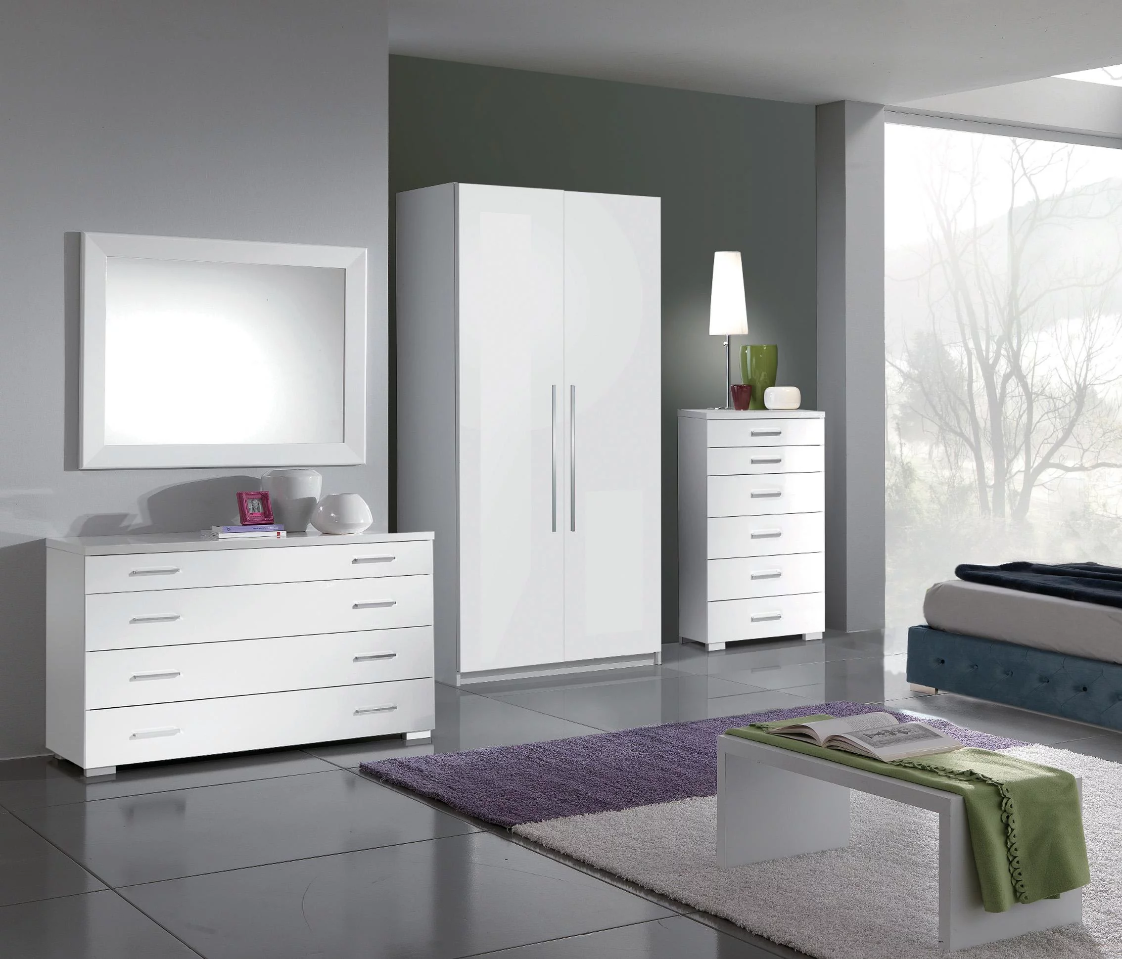 White High Gloss Dresser, Chest & Wardrobe Set 3P MOMO ESF Modern MADE IN ITALY